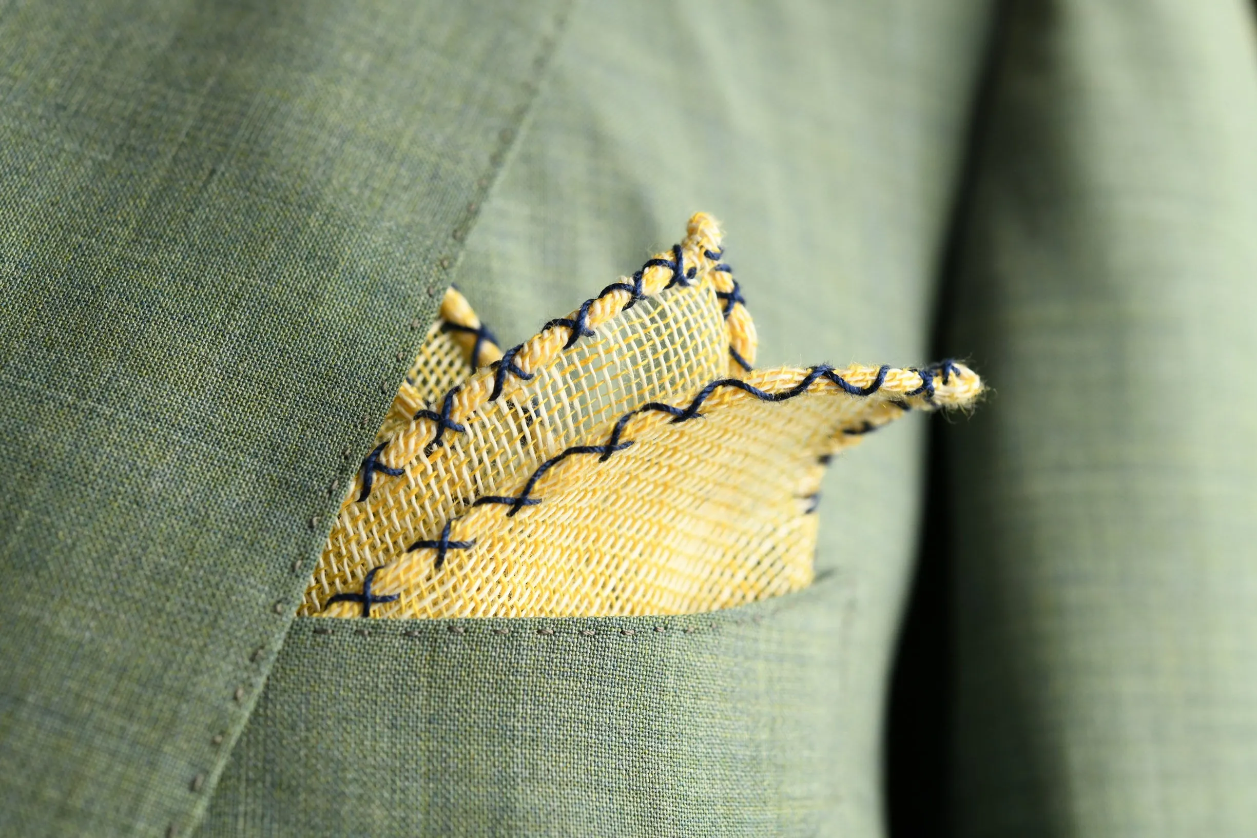 Navy Blue X-Stitch Edge Yellow Linen Pocket Square