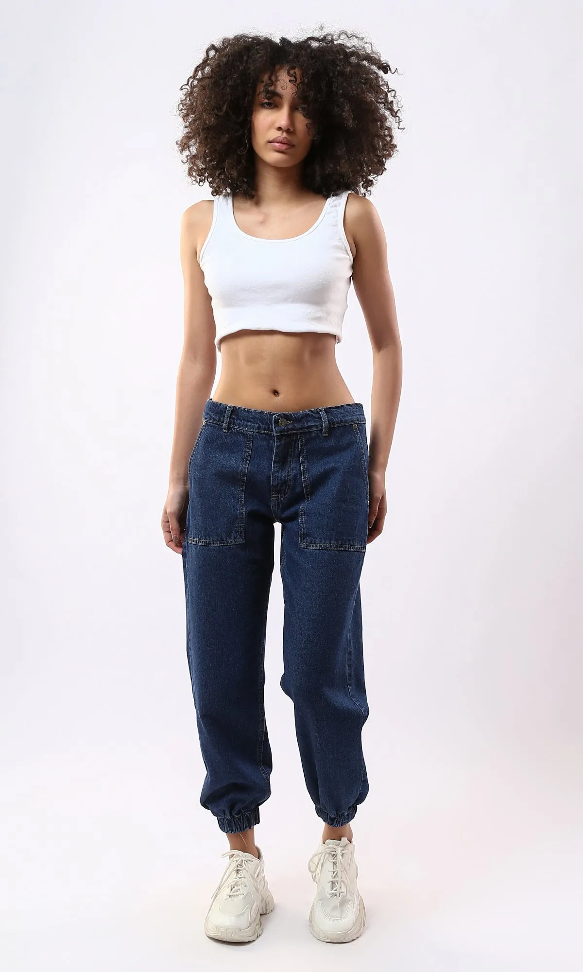 O177966 Dark Blue Mom-Fit Jeans With Four Pockets