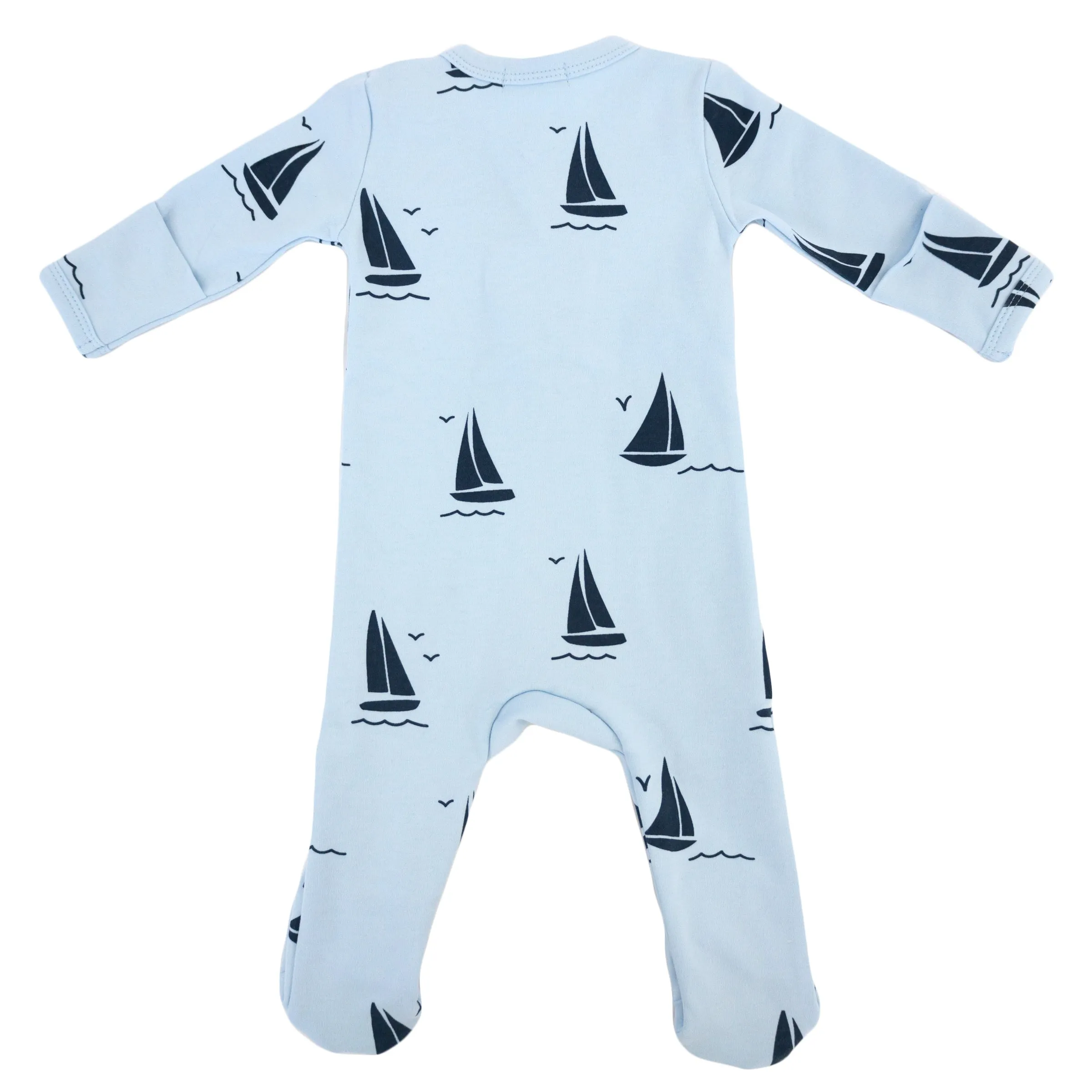 oh baby! Cotton Baby Rib Zipper Footie - Sailboat Print - Sky Blue