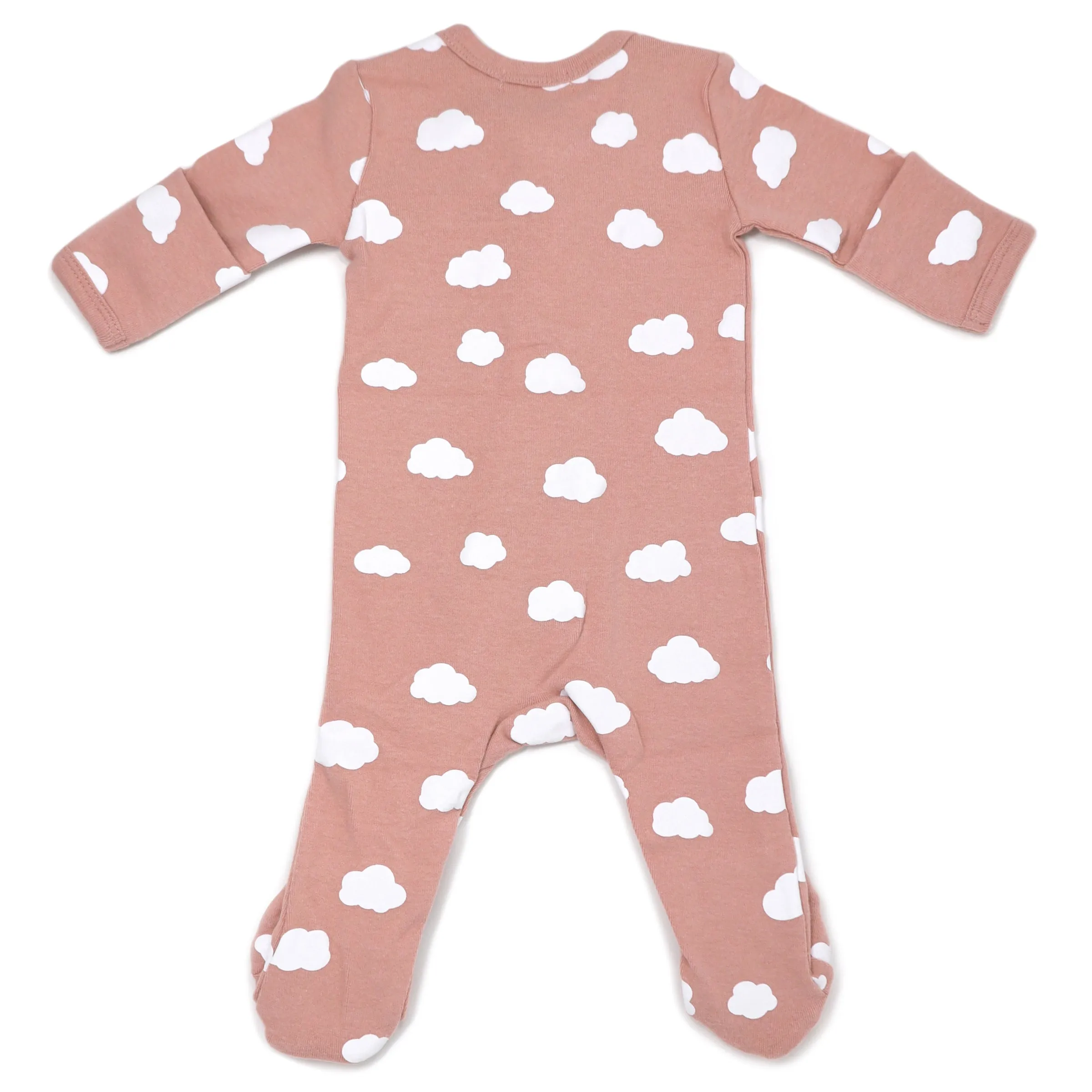 oh baby! Zipper Footie Baby Rib - White Clouds Print - Blush