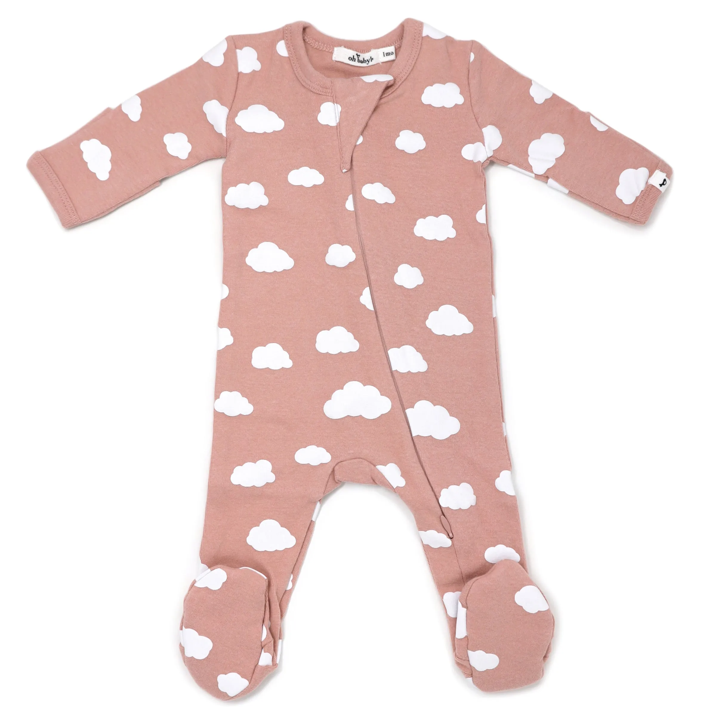 oh baby! Zipper Footie Baby Rib - White Clouds Print - Blush