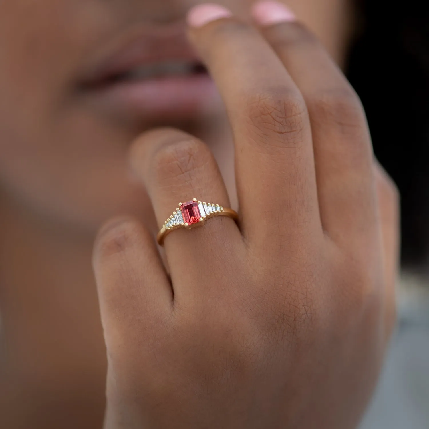 Padparadscha Sapphire Engagement Ring with Baguette Diamond Detailing