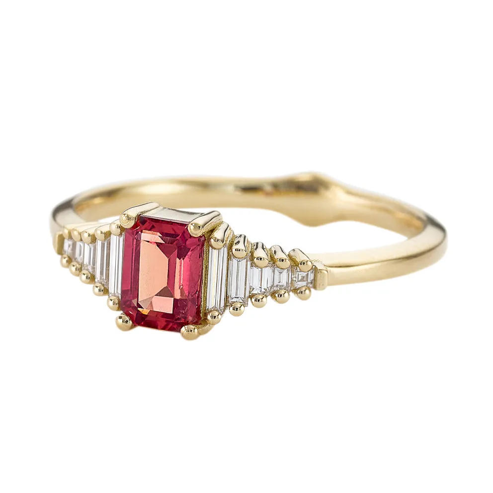 Padparadscha Sapphire Engagement Ring with Baguette Diamond Detailing