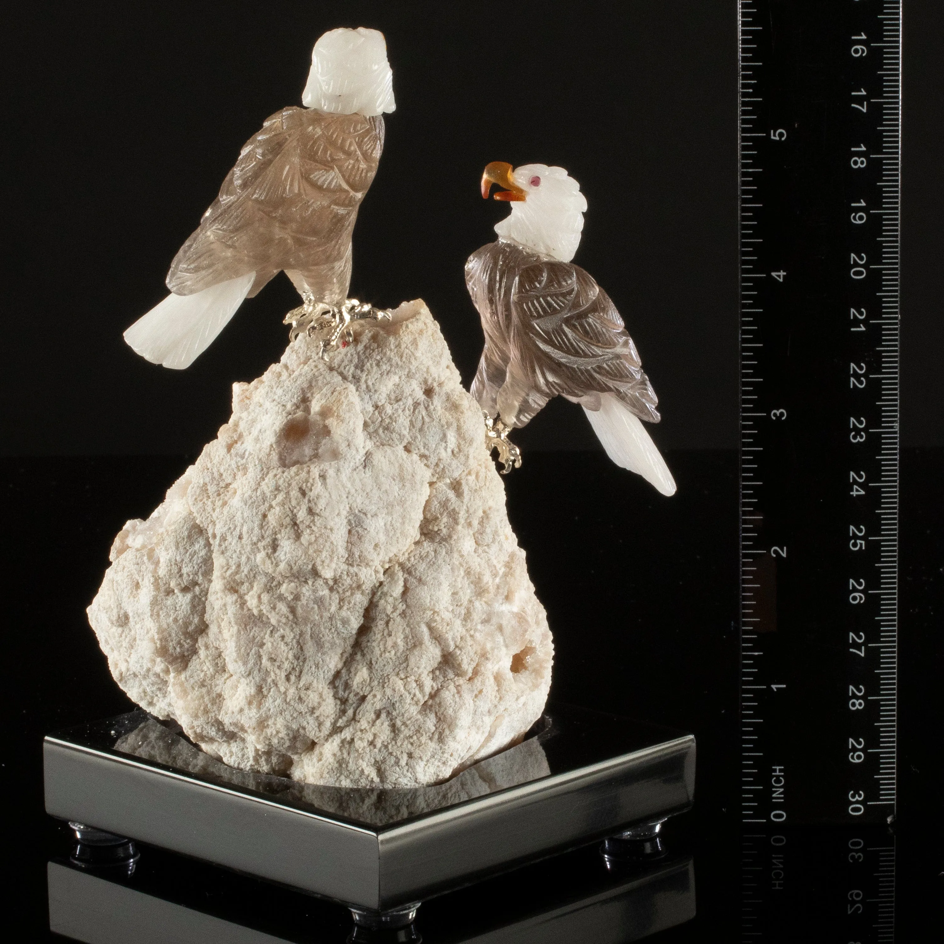 Peter Muller Smoky Quartz Eagle Pair Love Birds Carving on Quartz Base