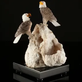 Peter Muller Smoky Quartz Eagle Pair Love Birds Carving on Quartz Base