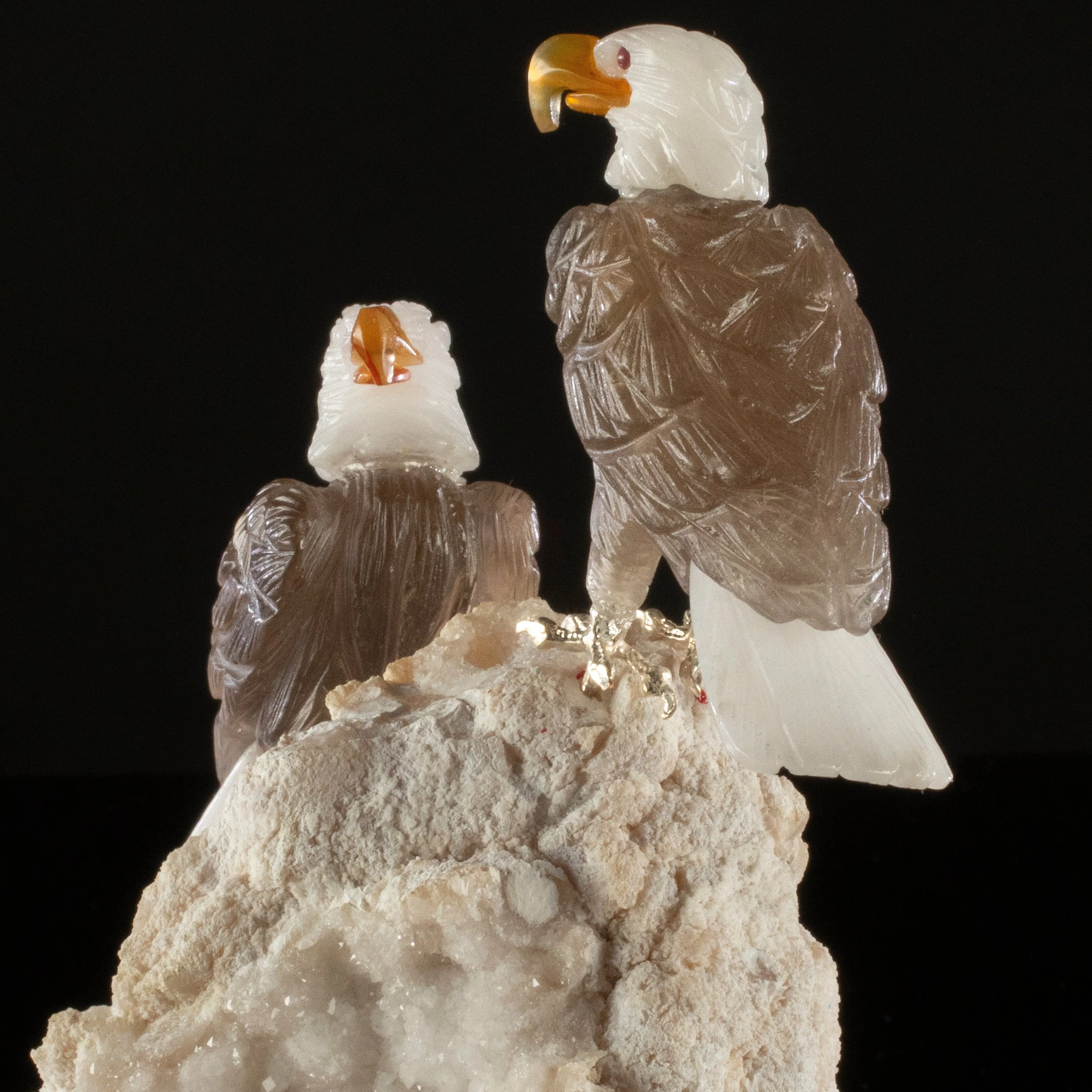 Peter Muller Smoky Quartz Eagle Pair Love Birds Carving on Quartz Base