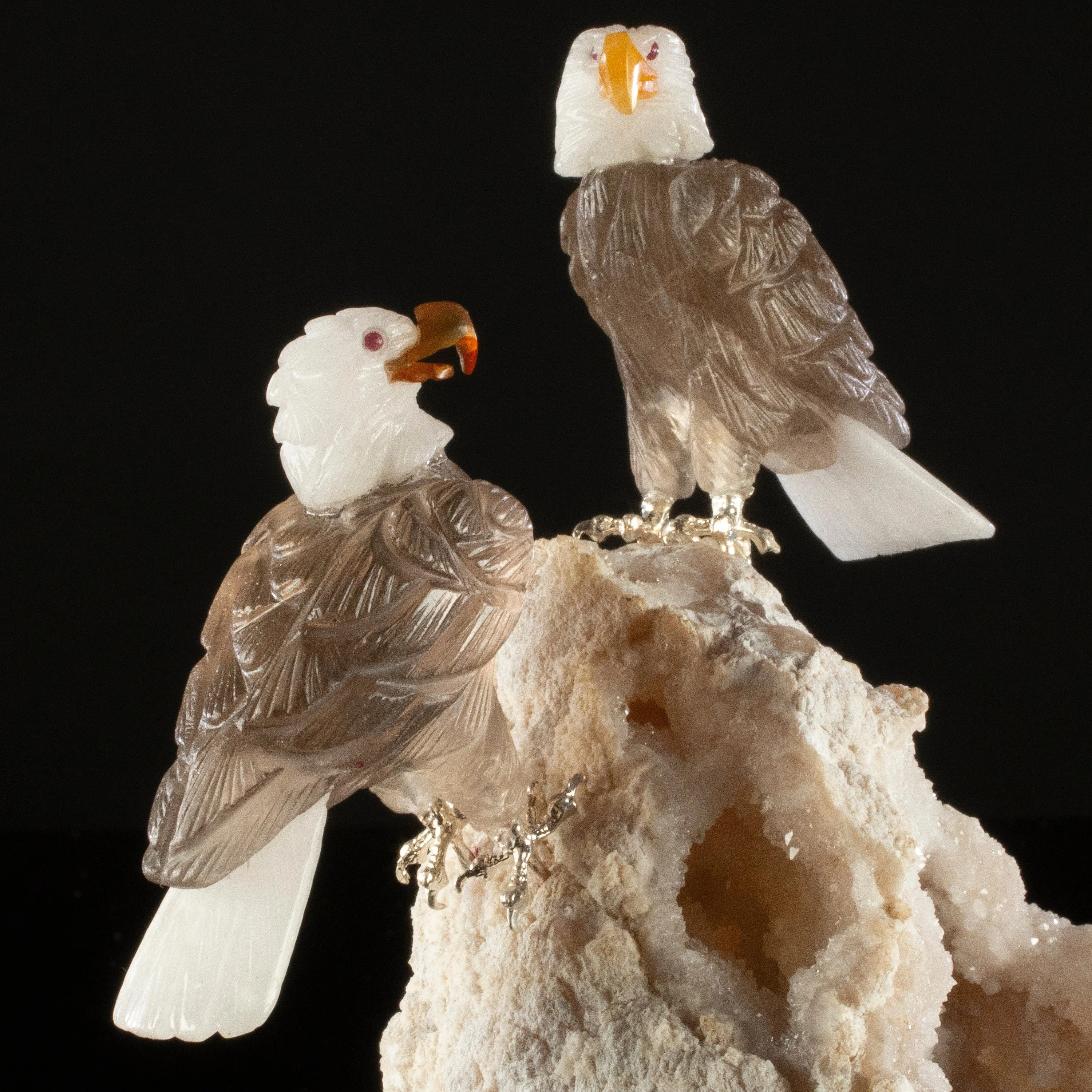 Peter Muller Smoky Quartz Eagle Pair Love Birds Carving on Quartz Base