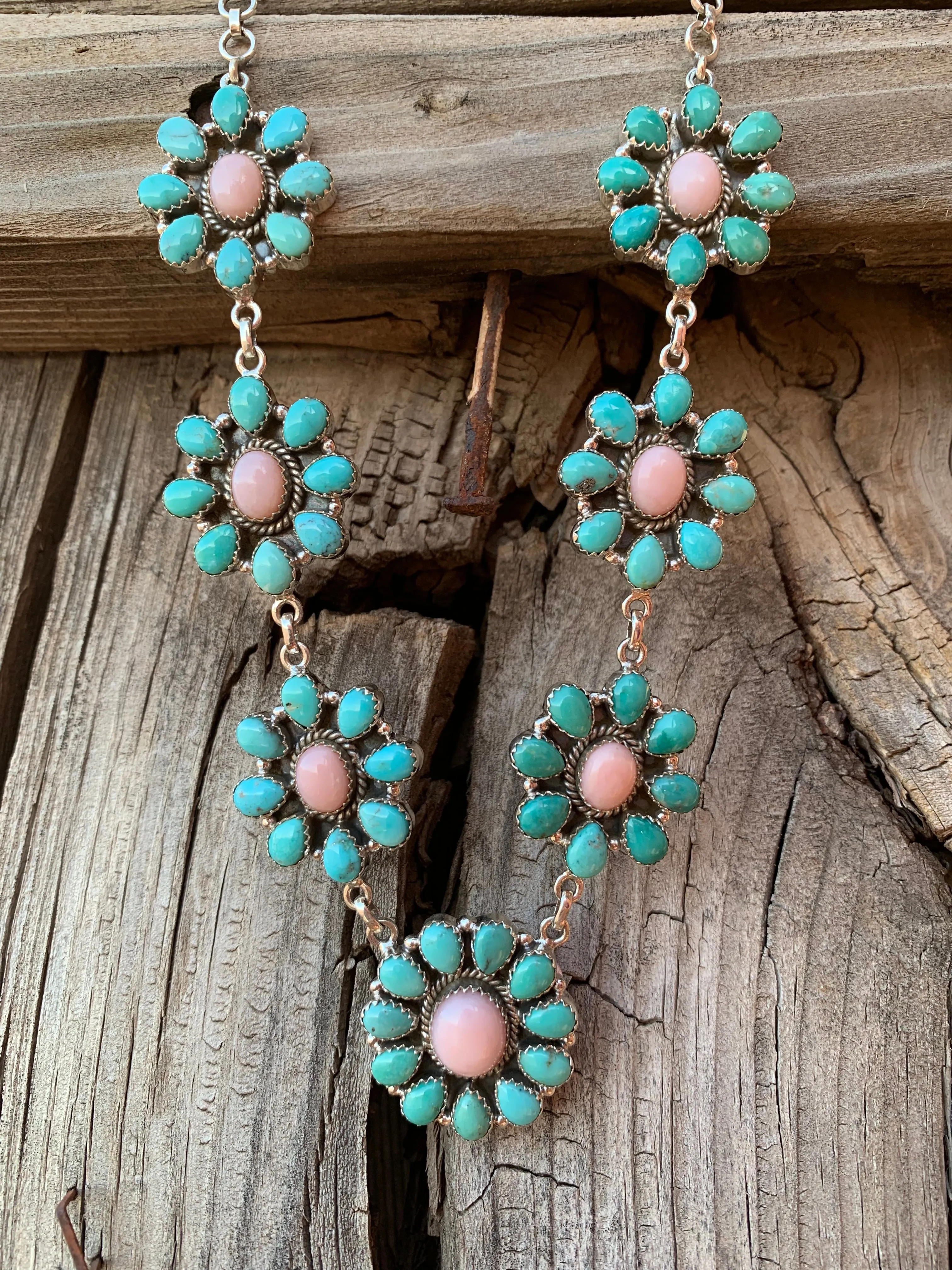 Pink Opal and Turquoise Cluster necklace & earring set