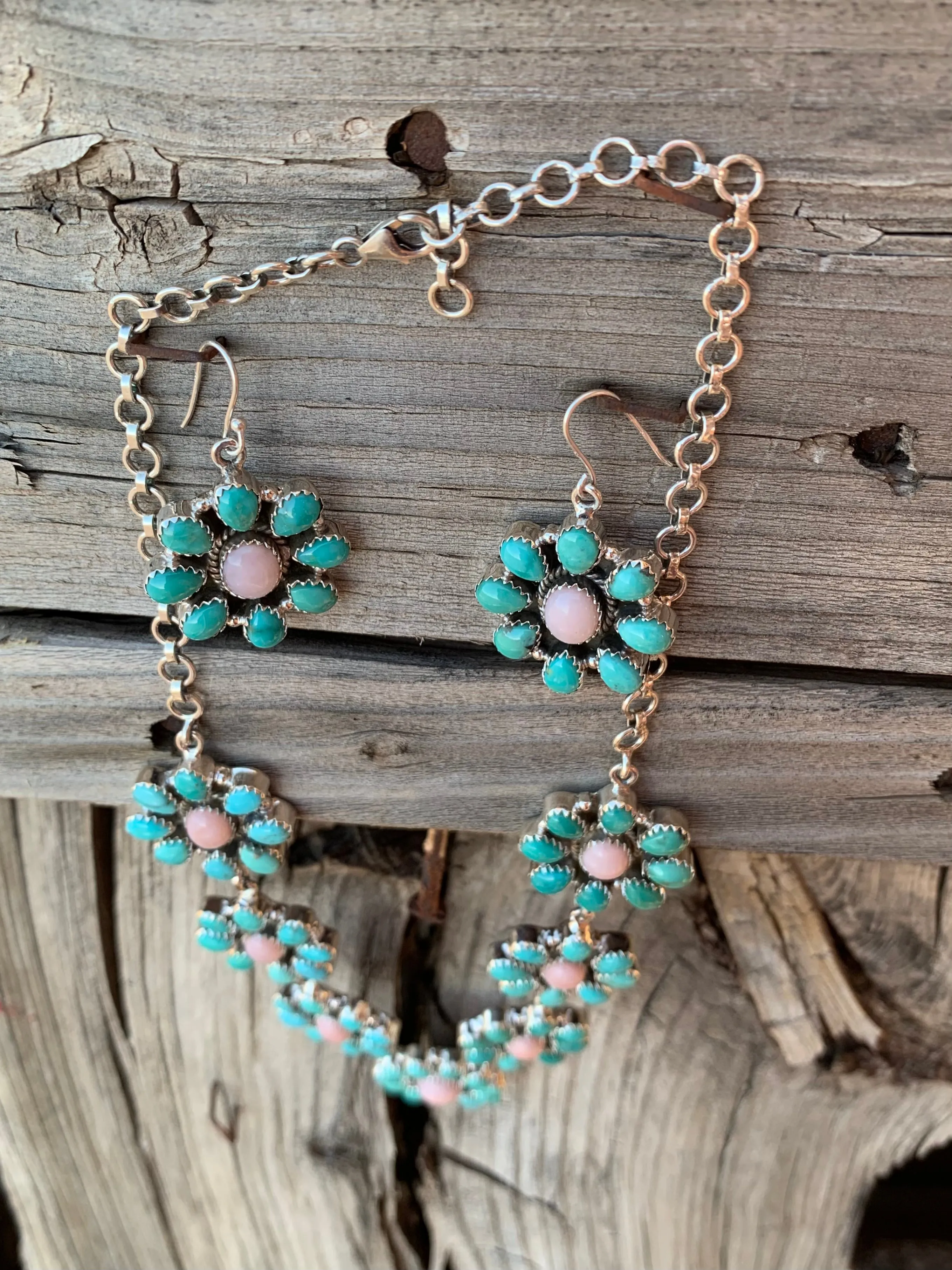 Pink Opal and Turquoise Cluster necklace & earring set