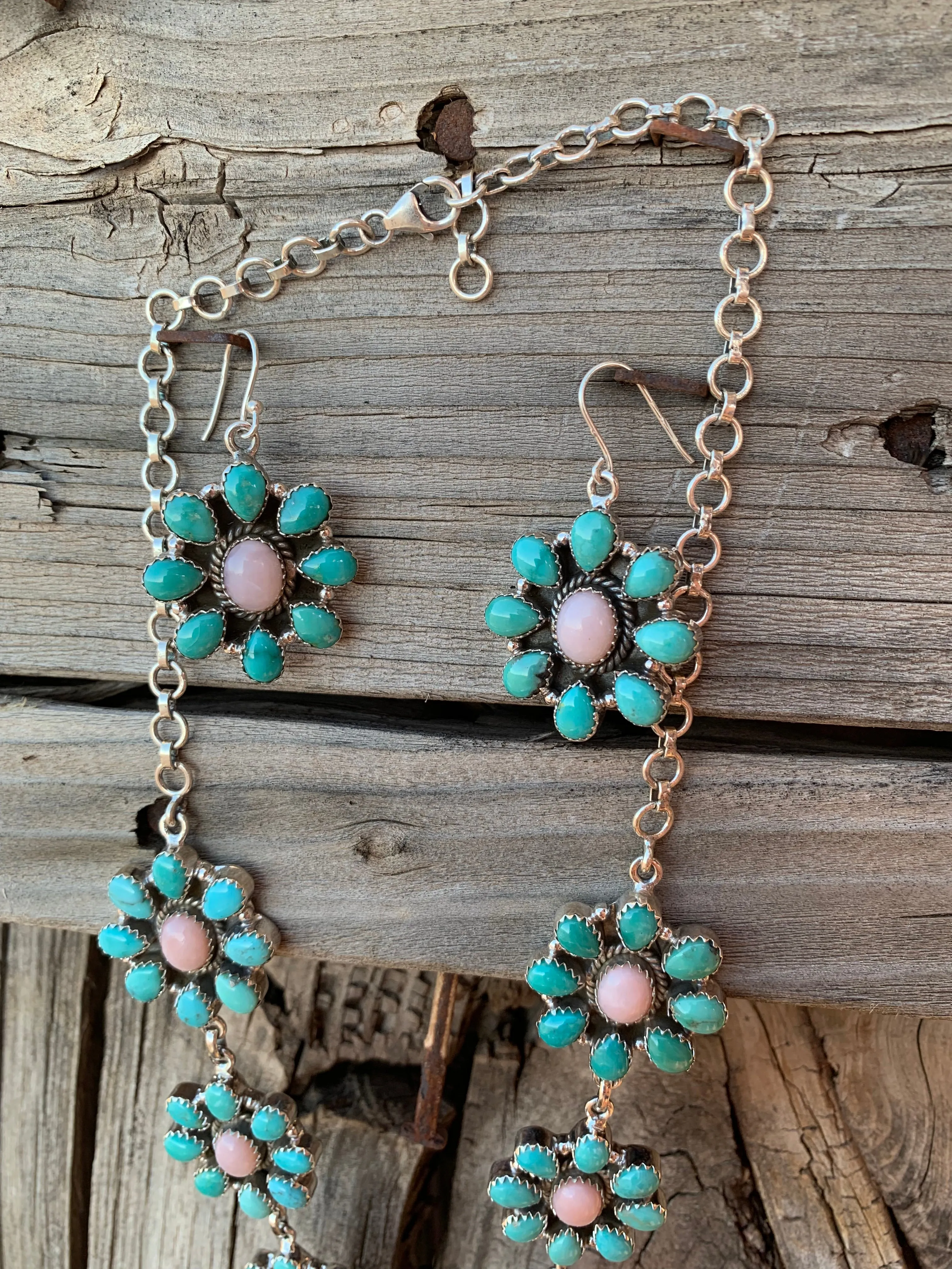 Pink Opal and Turquoise Cluster necklace & earring set