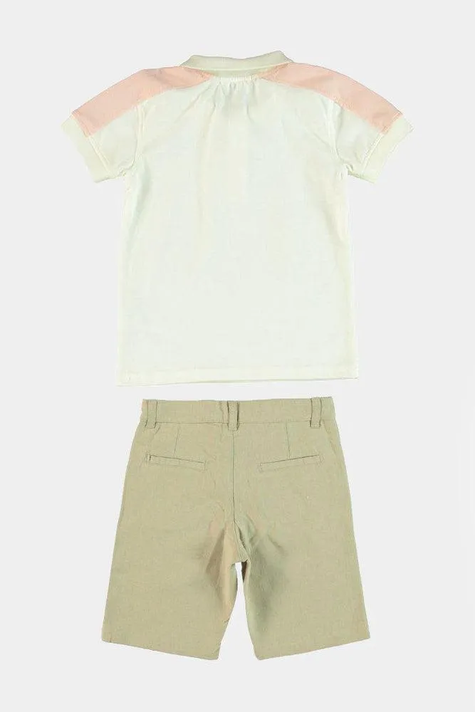 Pink Panels Top And Beige Shorts Boys Set