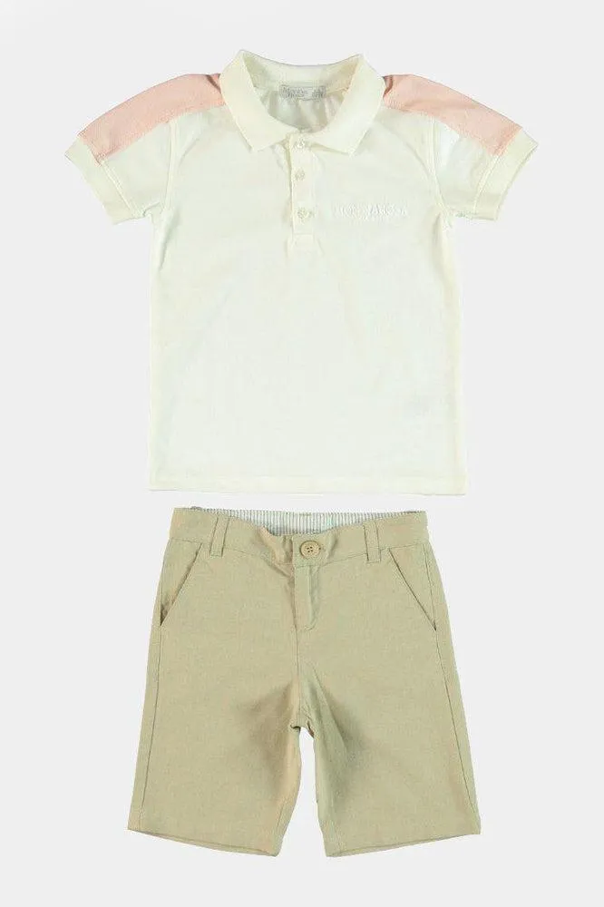 Pink Panels Top And Beige Shorts Boys Set