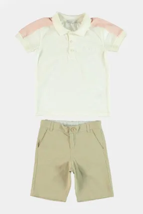 Pink Panels Top And Beige Shorts Boys Set