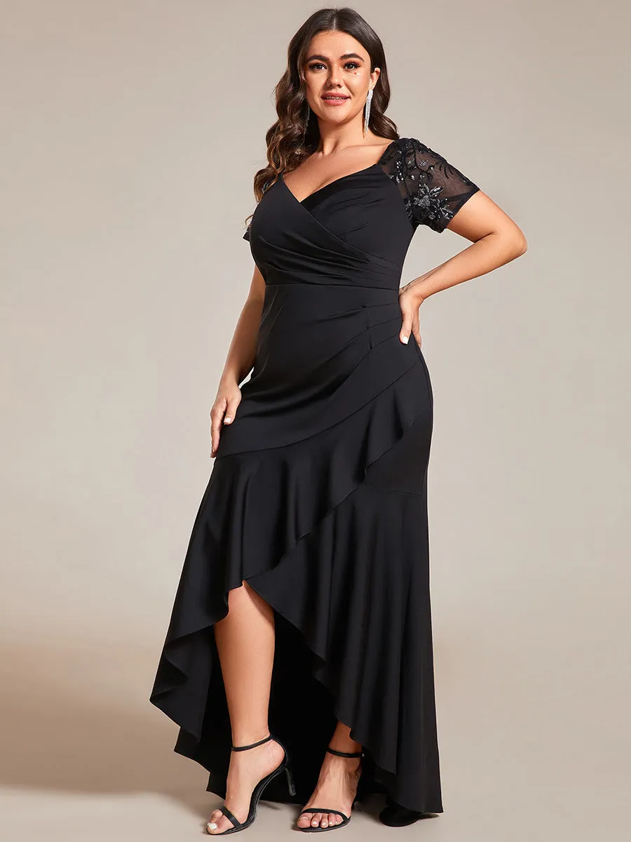 Plus Appliques High Split Fishtail Evening Dress With Short Sleeves