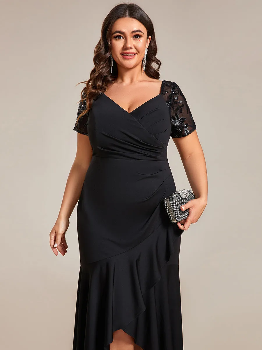 Plus Appliques High Split Fishtail Evening Dress With Short Sleeves