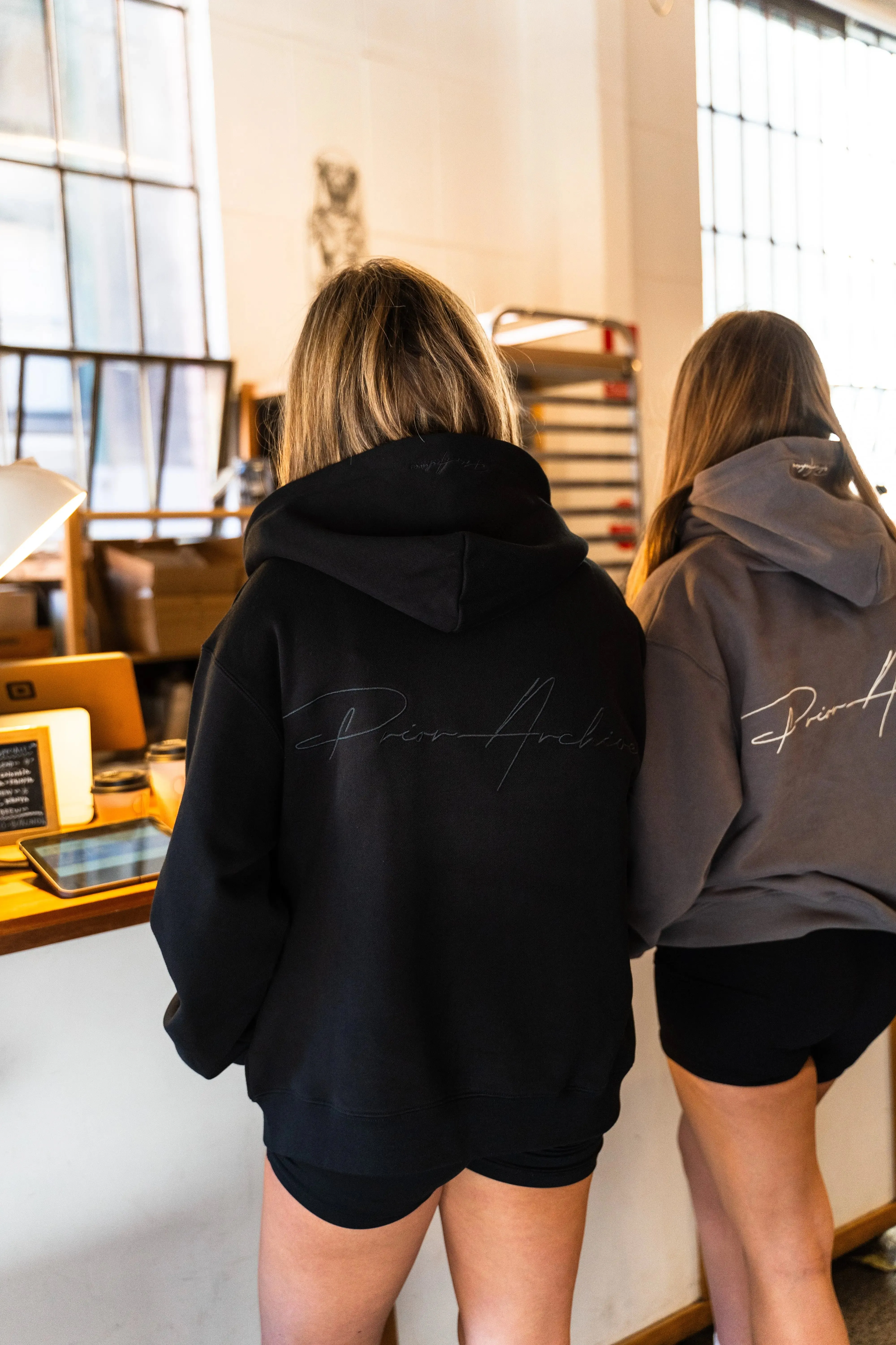 Prior Black Collection Embroidery Logo Oversized Double Zip-Up Hoodie Onyx