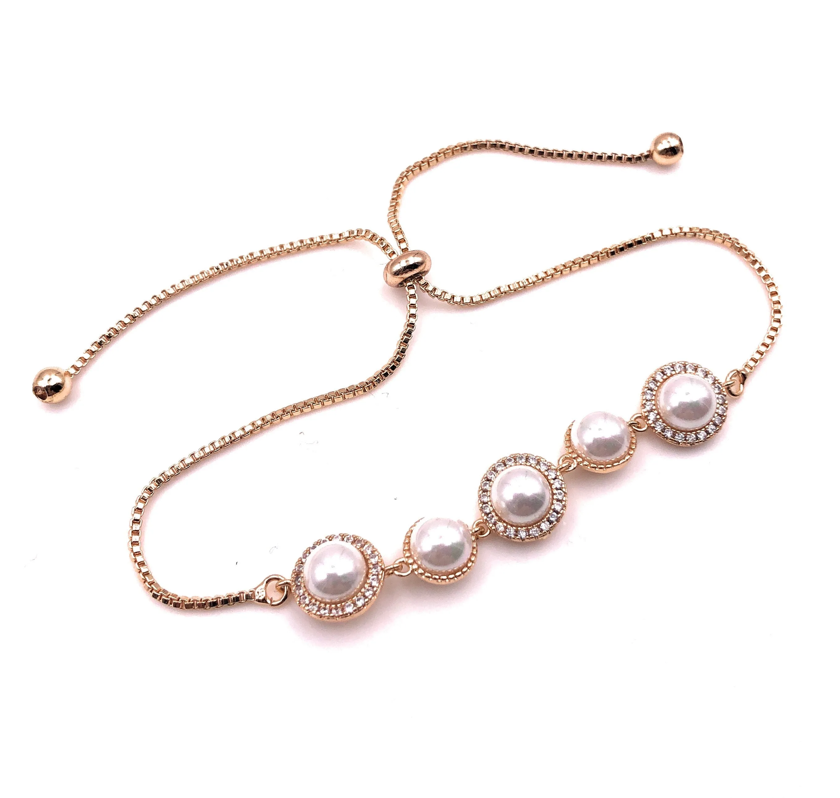 Rhinestone and Pearl Wedding Bracelets Adjustable Bolo Chain