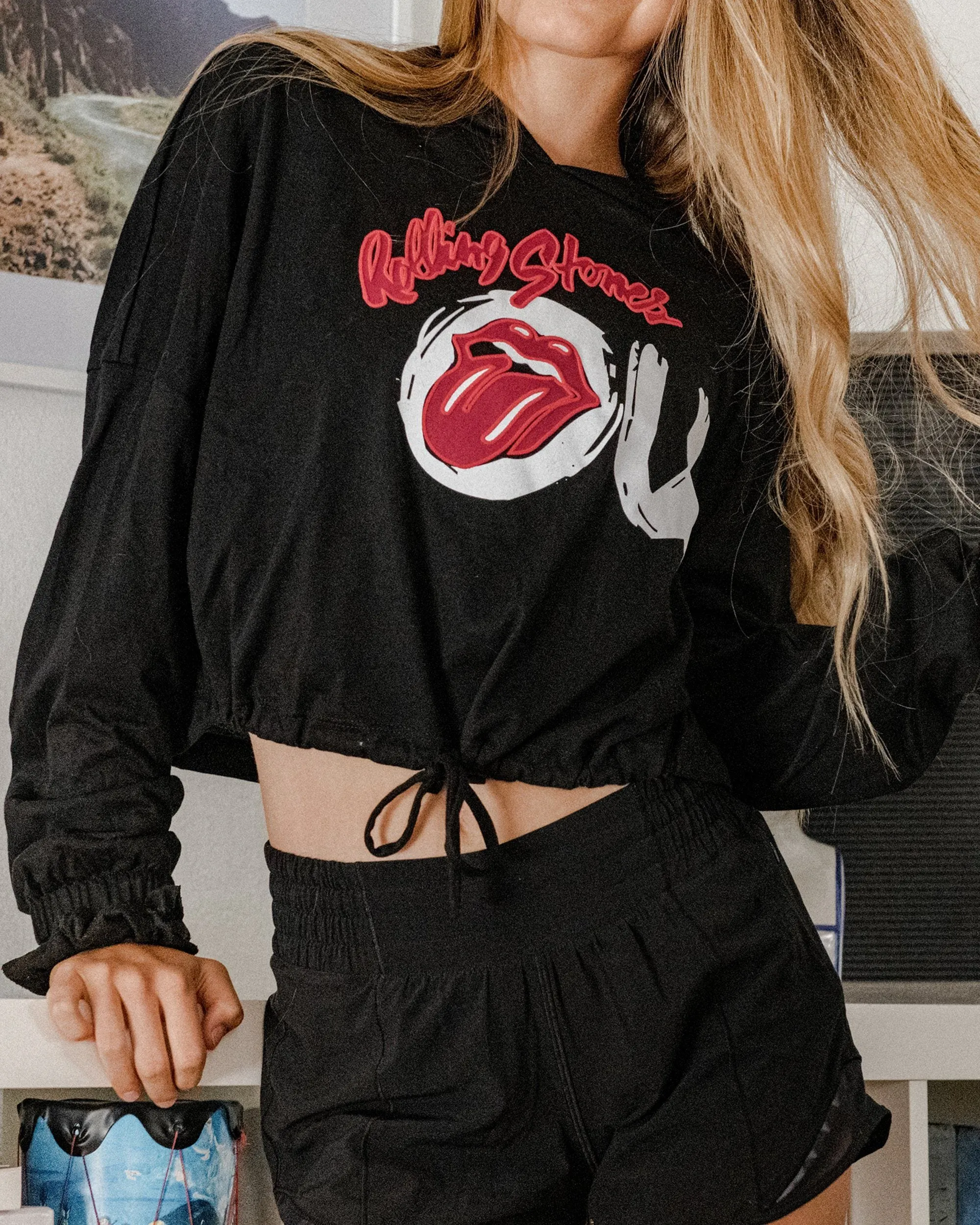 Rolling Stones OU Inside Lick Puff Ink Black Cinched Cropped Hoodie