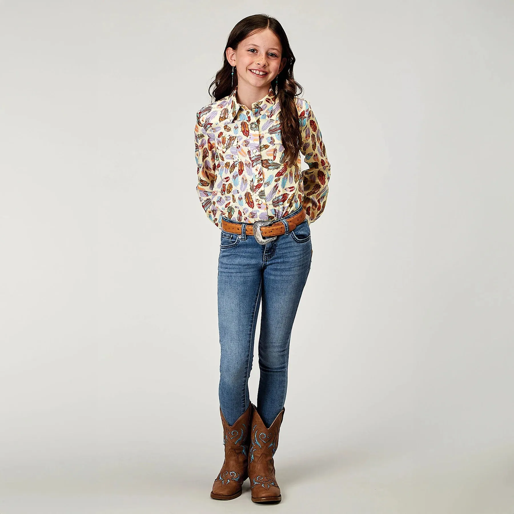 Roper Girl's - Five Star Collection Shirt - Multi Coloured Feathers