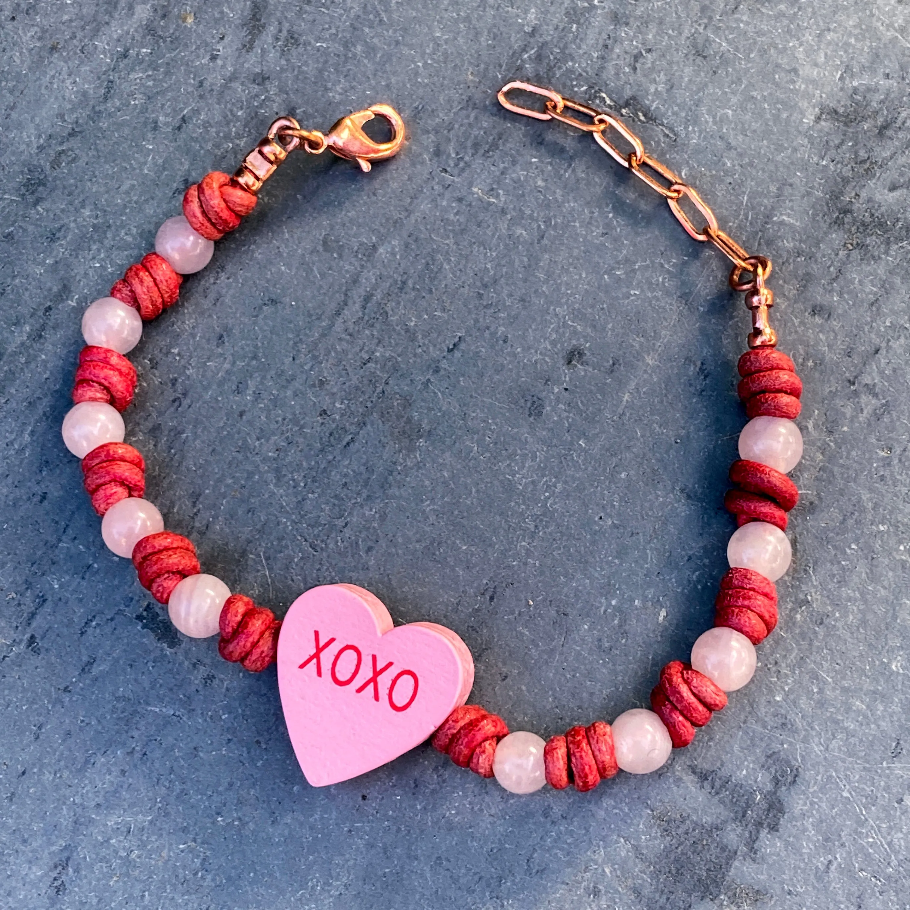 Rose Quartz Sweetheart Bracelet “XOXO”