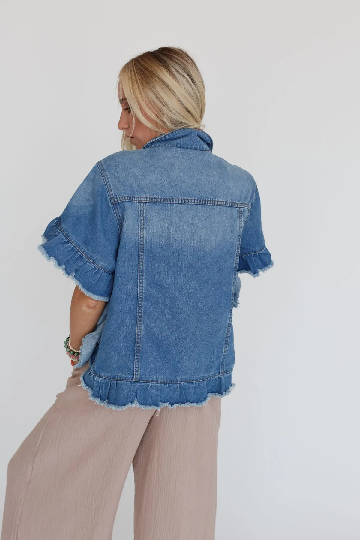 Scottie Ruffle Denim Jacket - Light Blue