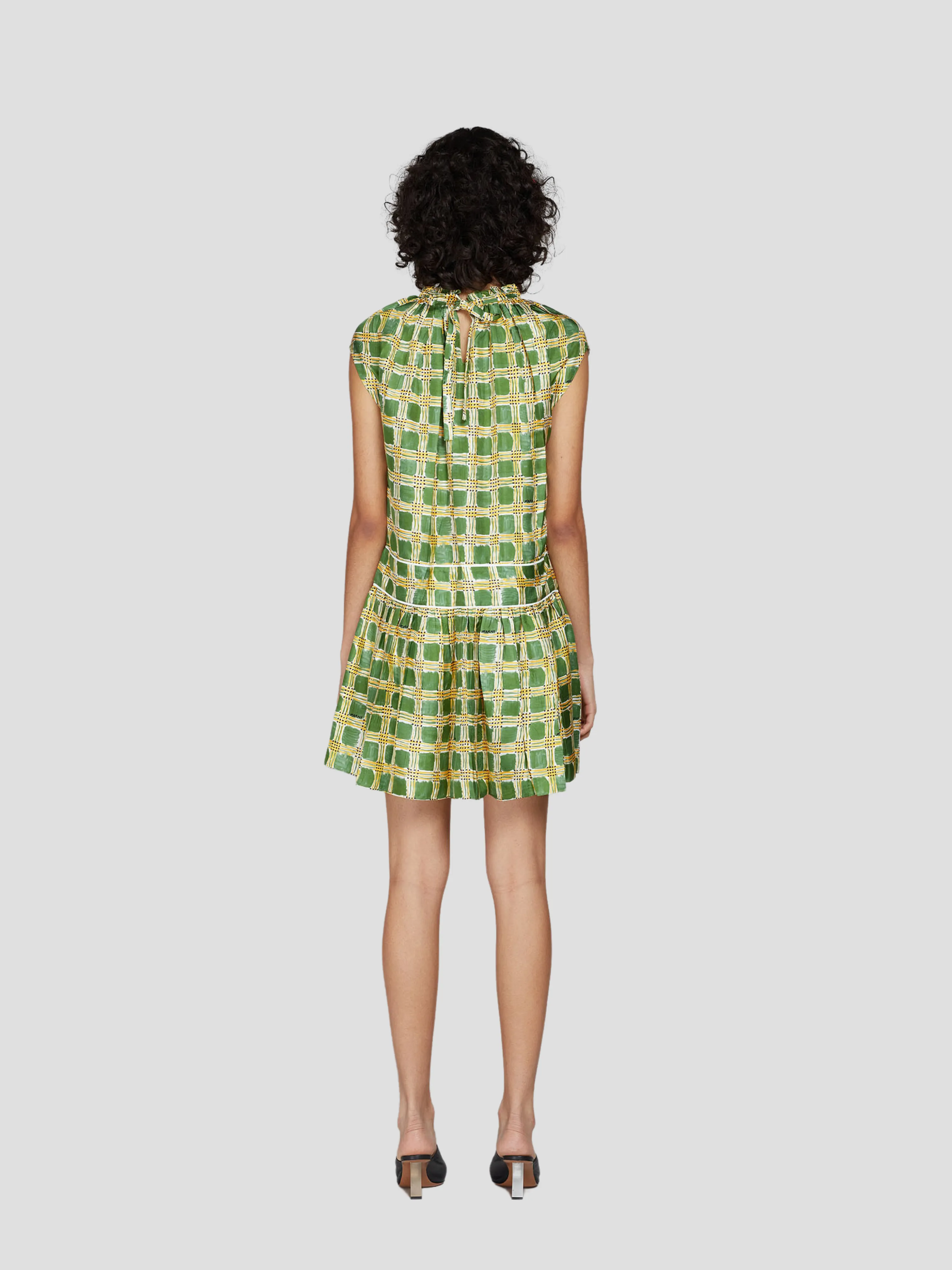 Short Sleeve Check Print Silk Mini Dress in Green