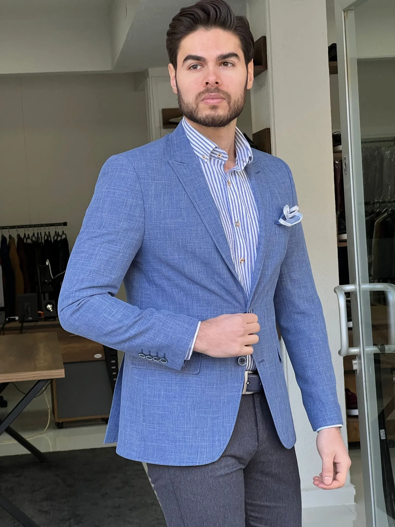 Slim Fit Self-Patterned Cotton Blue Jacket