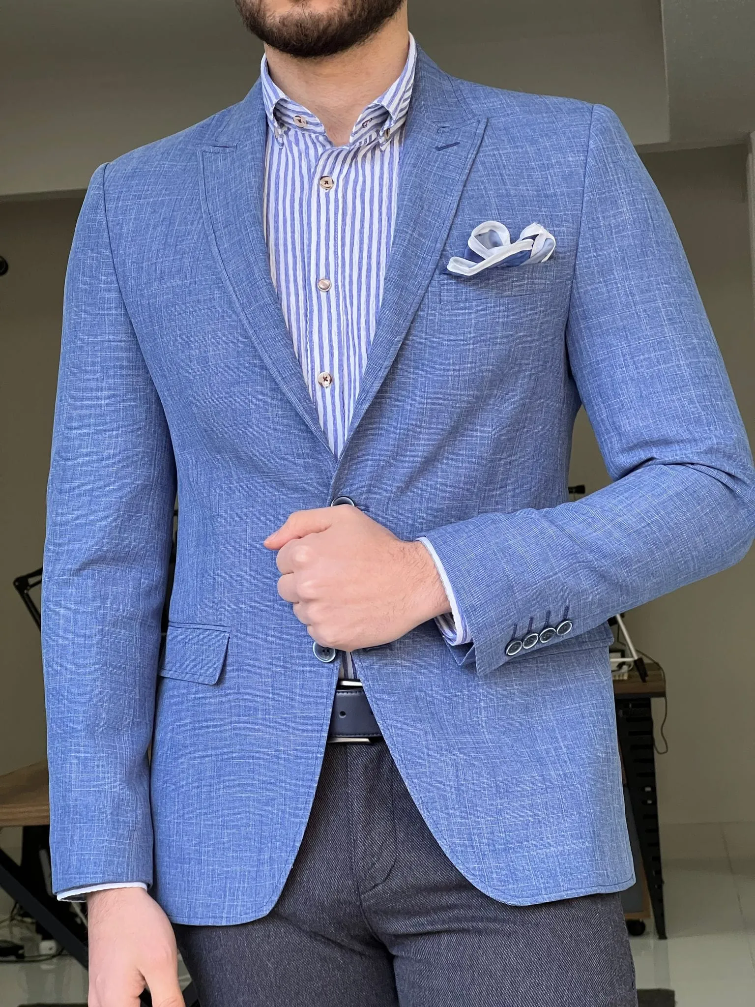 Slim Fit Self-Patterned Cotton Blue Jacket