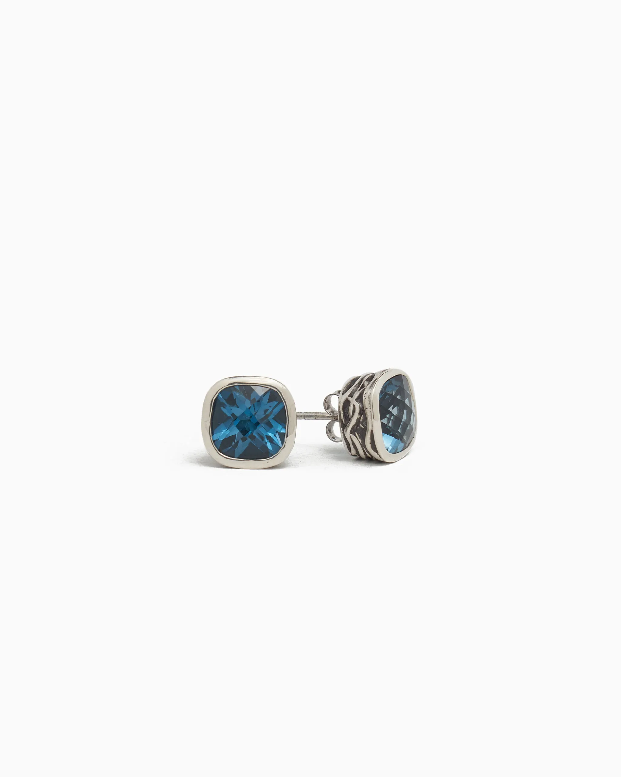 Square Stone Studs with Water Texture - London Blue Topaz