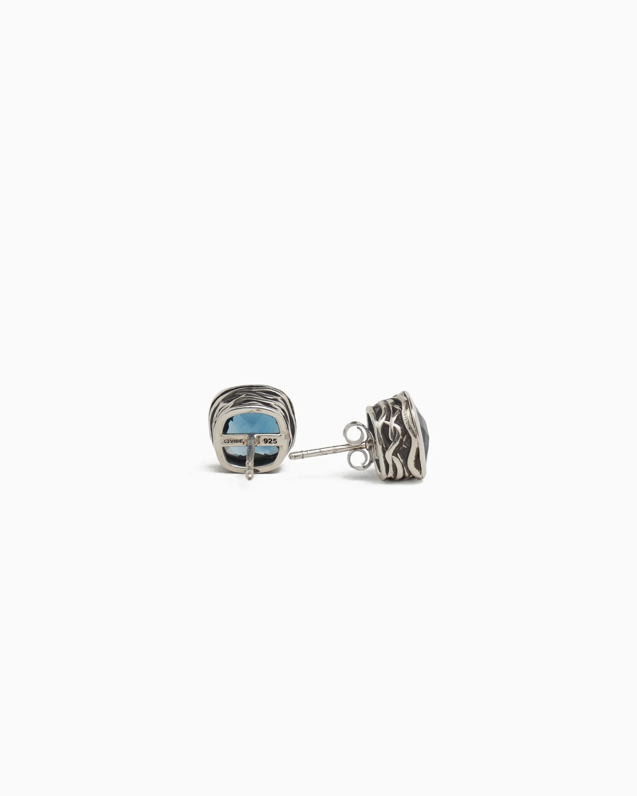 Square Stone Studs with Water Texture - London Blue Topaz