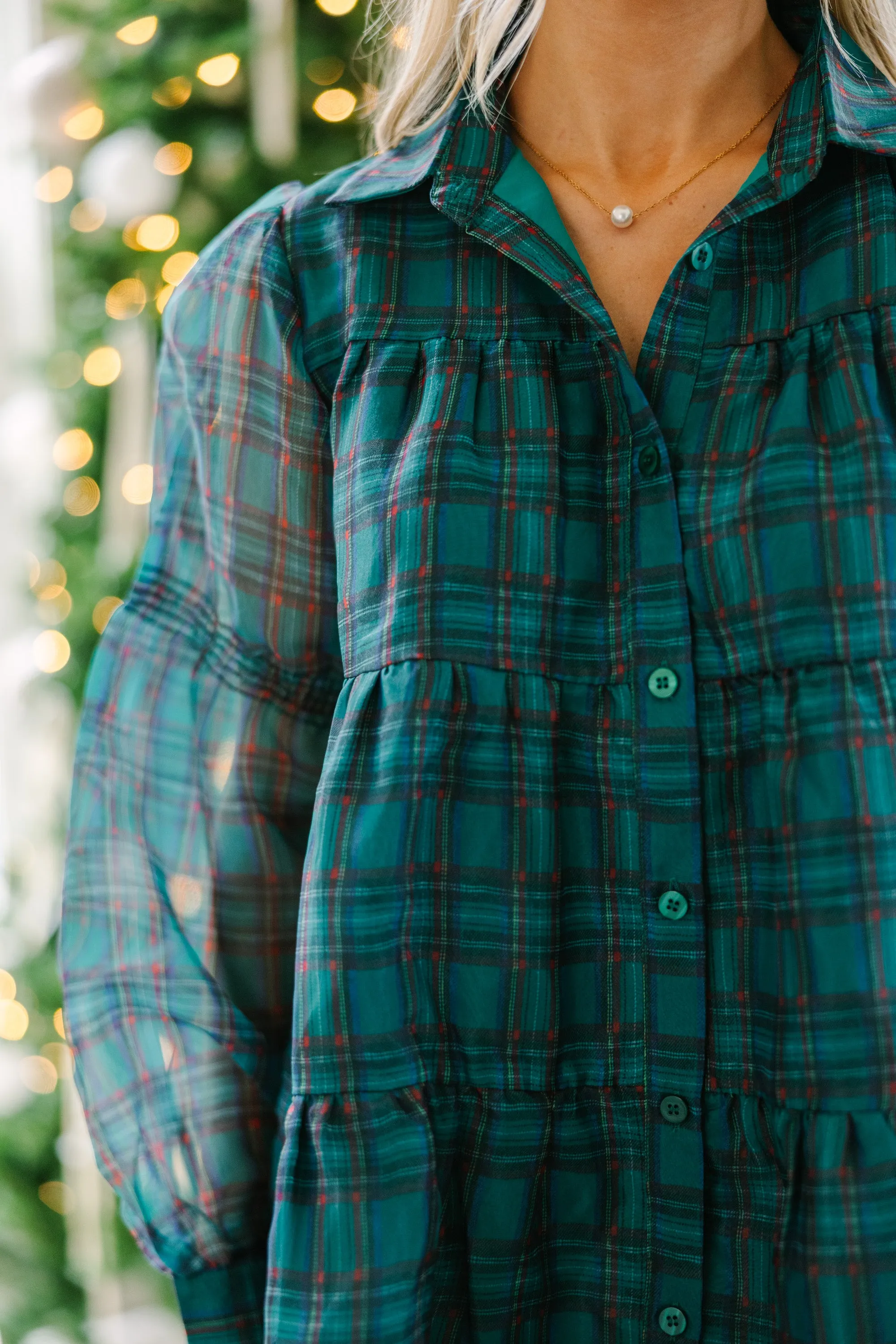 Take The Leap Emerald Green Plaid Dress