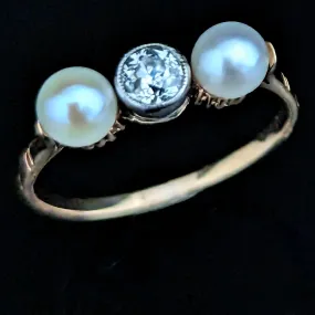 The Augusta - Edwardian Old European Cut Diamond Pearl 18k Gold Ring