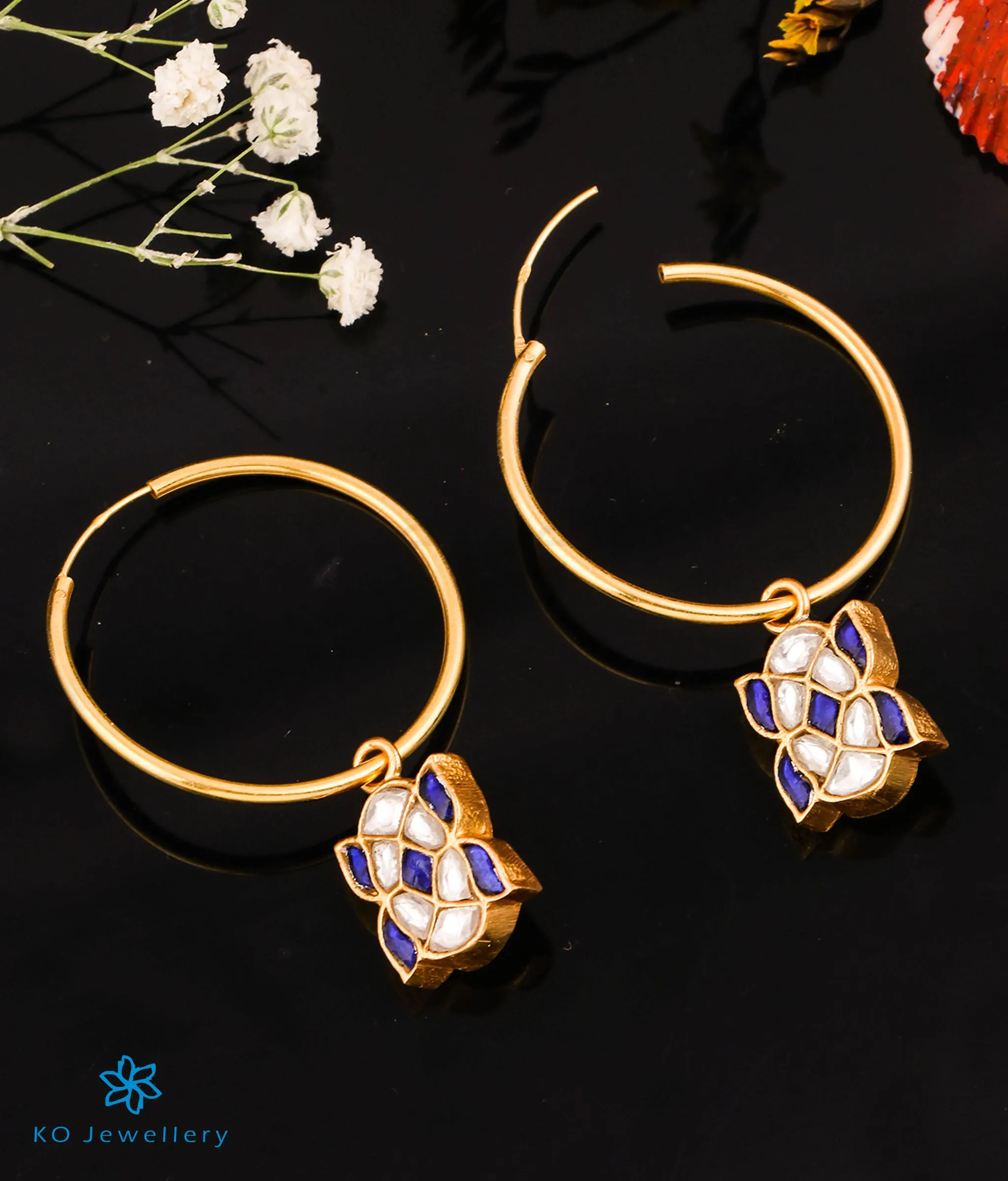 The Blue Flower Silver Kundan Hoops