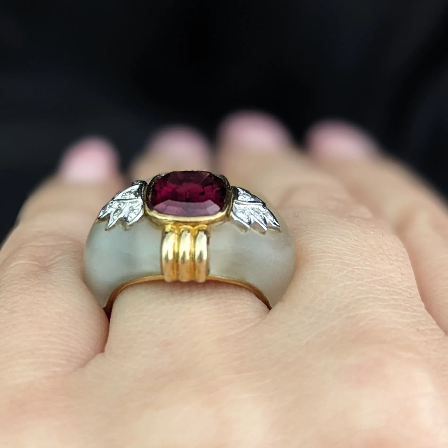 The Troy - Vintage Garnet Carved Rock Crystal Diamonds 14k Gold Cocktail Ring