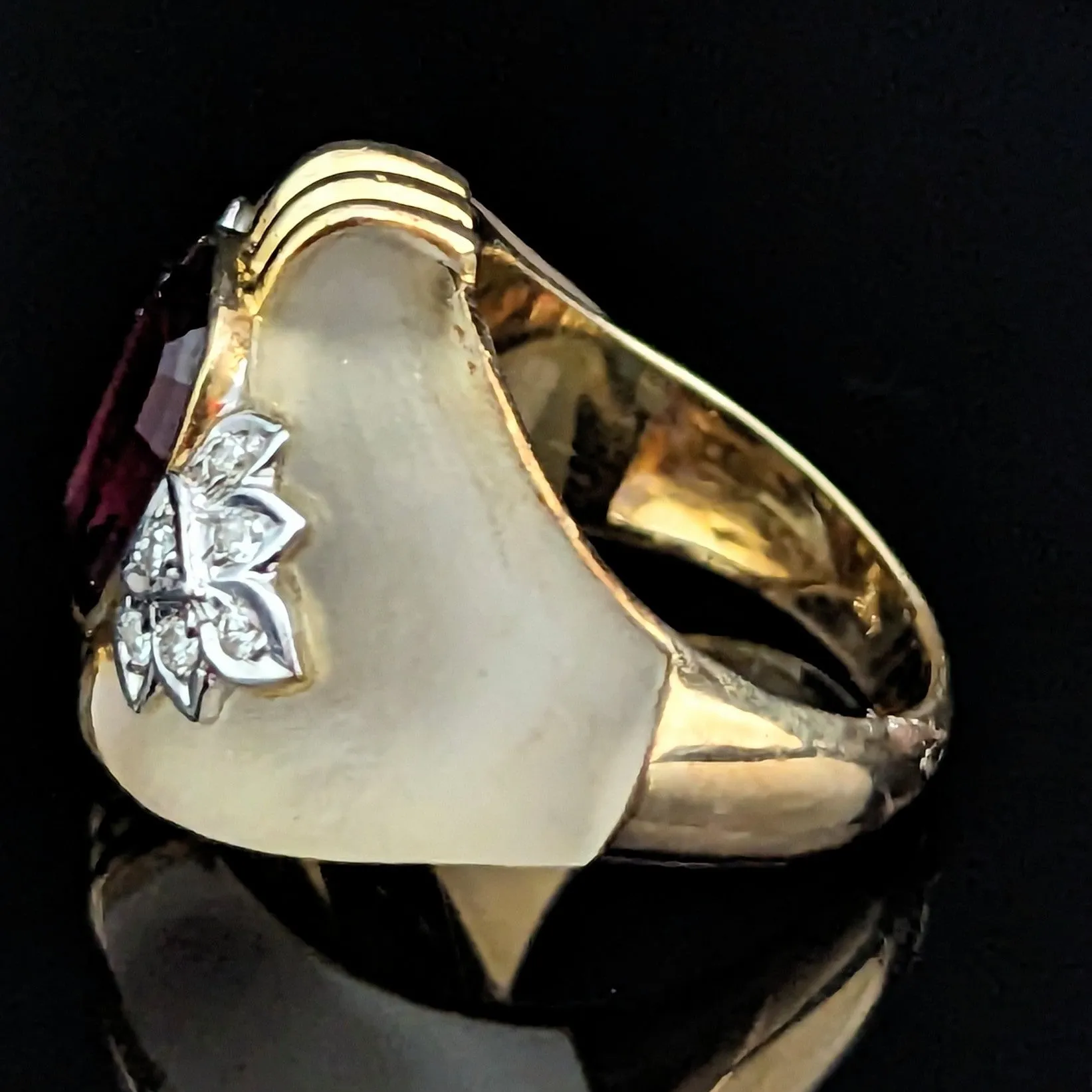 The Troy - Vintage Garnet Carved Rock Crystal Diamonds 14k Gold Cocktail Ring