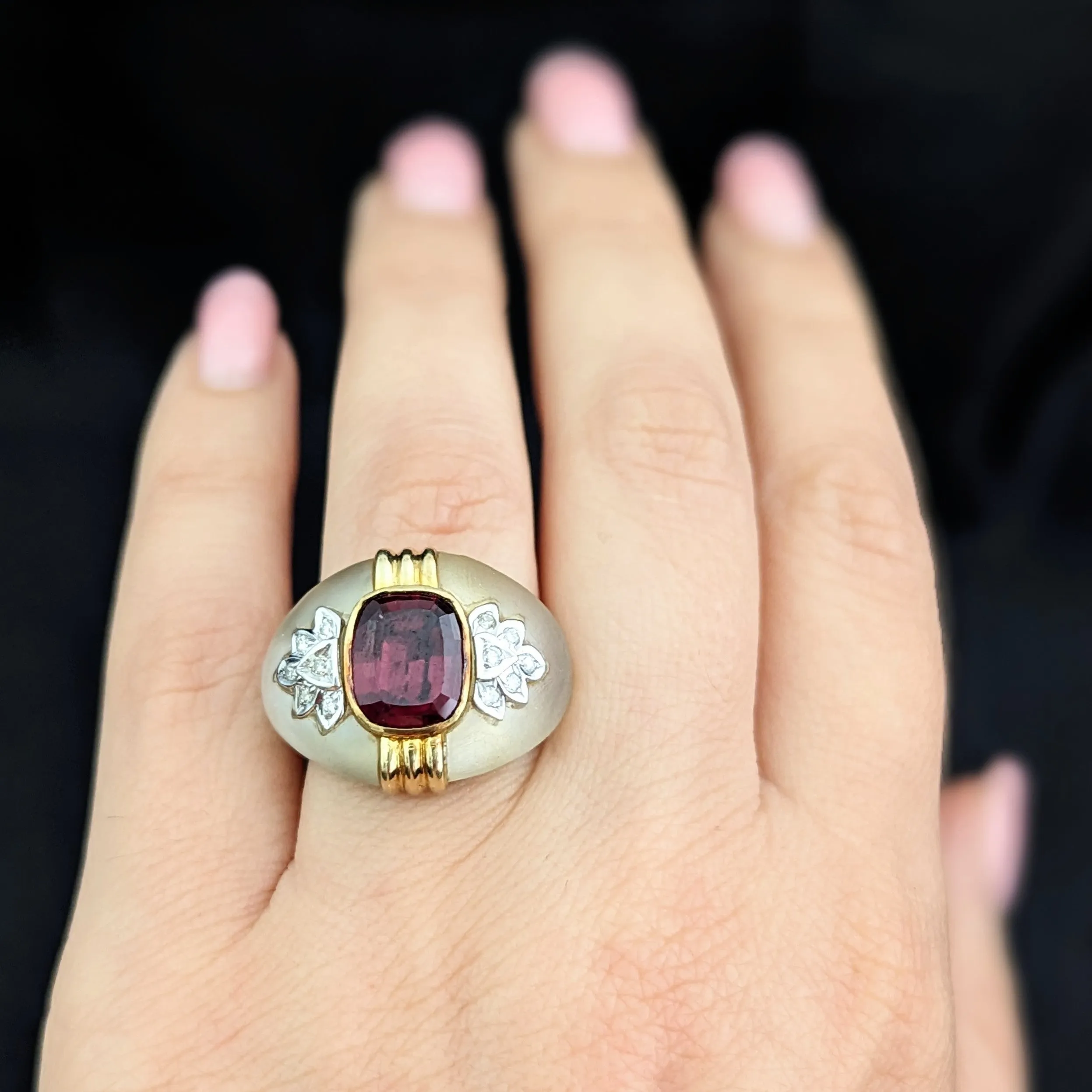 The Troy - Vintage Garnet Carved Rock Crystal Diamonds 14k Gold Cocktail Ring