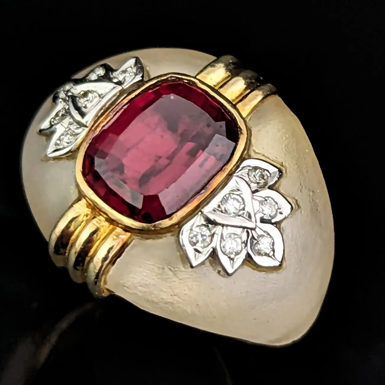 The Troy - Vintage Garnet Carved Rock Crystal Diamonds 14k Gold Cocktail Ring