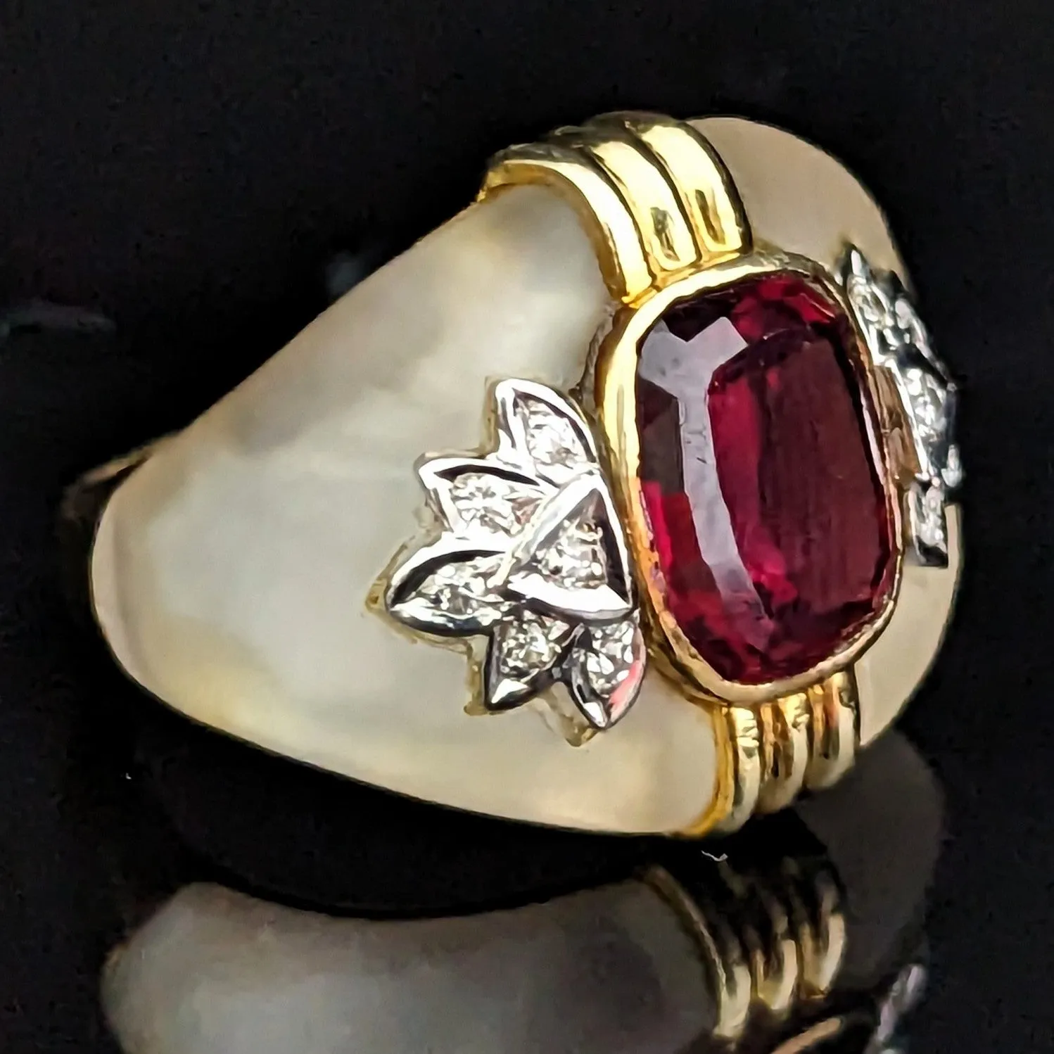 The Troy - Vintage Garnet Carved Rock Crystal Diamonds 14k Gold Cocktail Ring