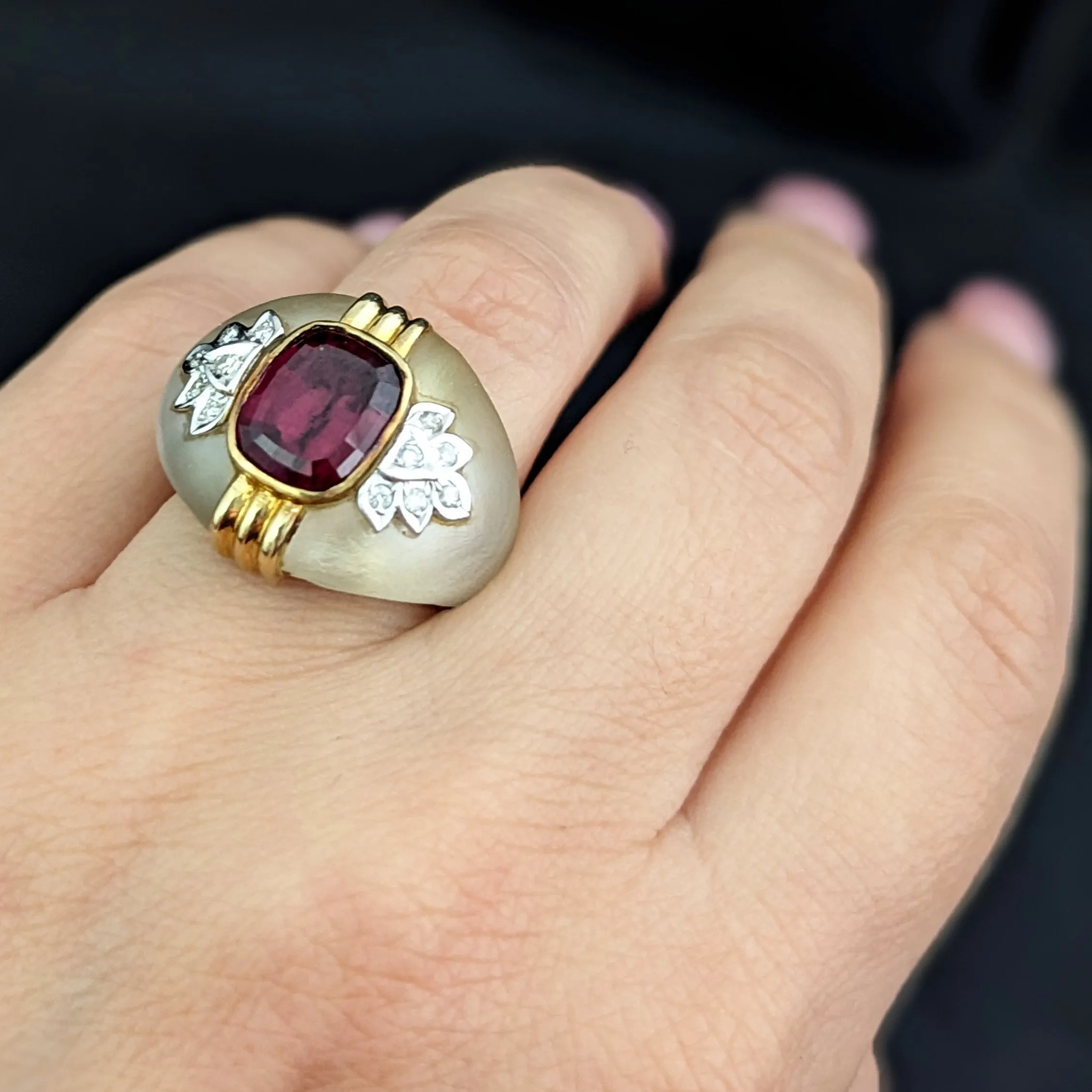 The Troy - Vintage Garnet Carved Rock Crystal Diamonds 14k Gold Cocktail Ring