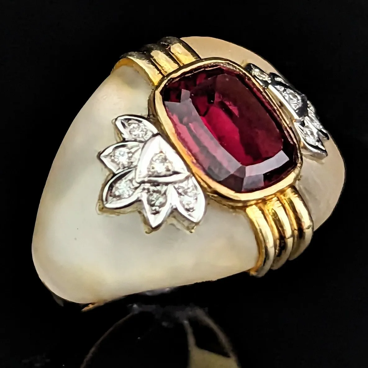 The Troy - Vintage Garnet Carved Rock Crystal Diamonds 14k Gold Cocktail Ring