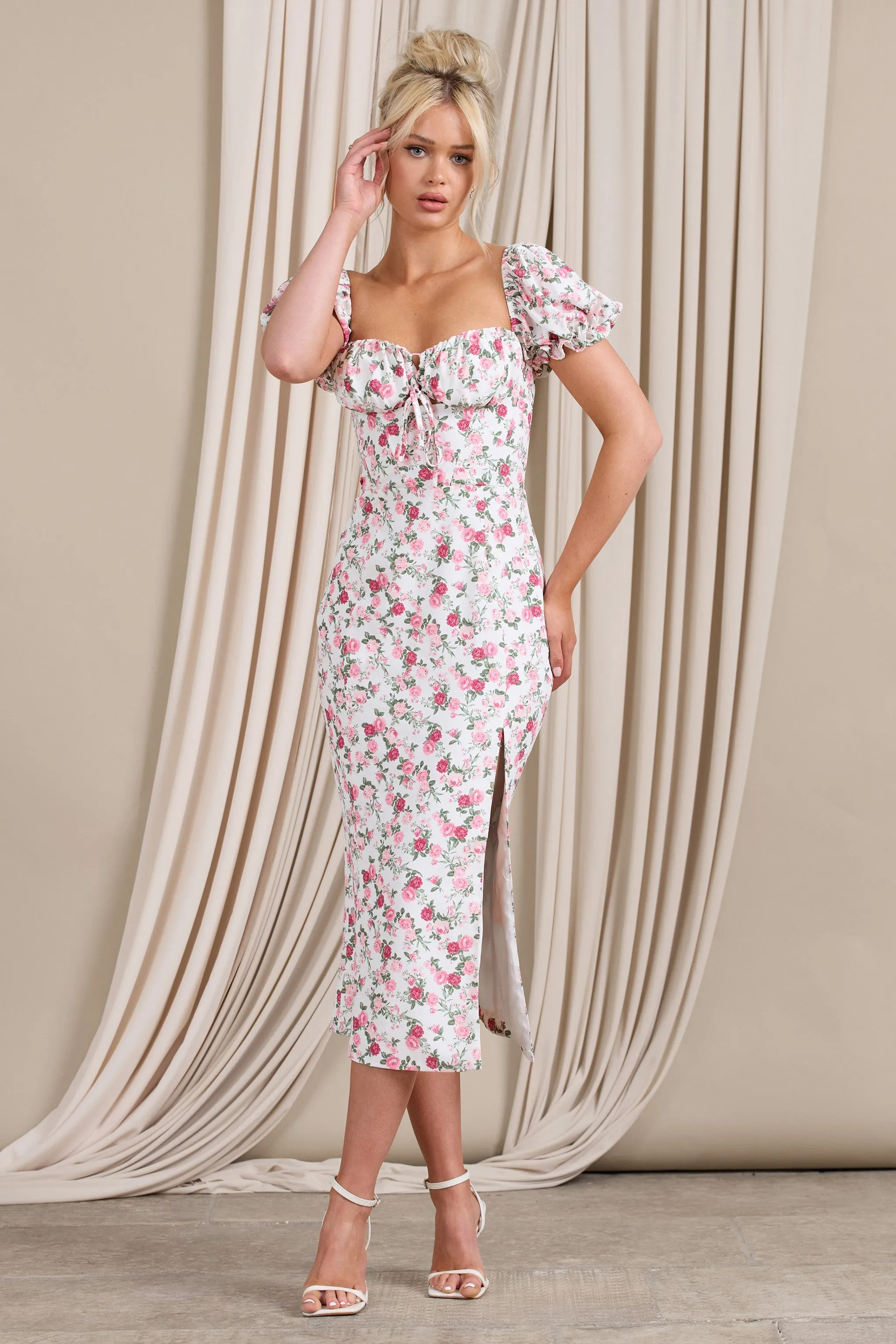 Two Scoops | Pink Floral Puff-Sleeved Corset Split Midi Dress