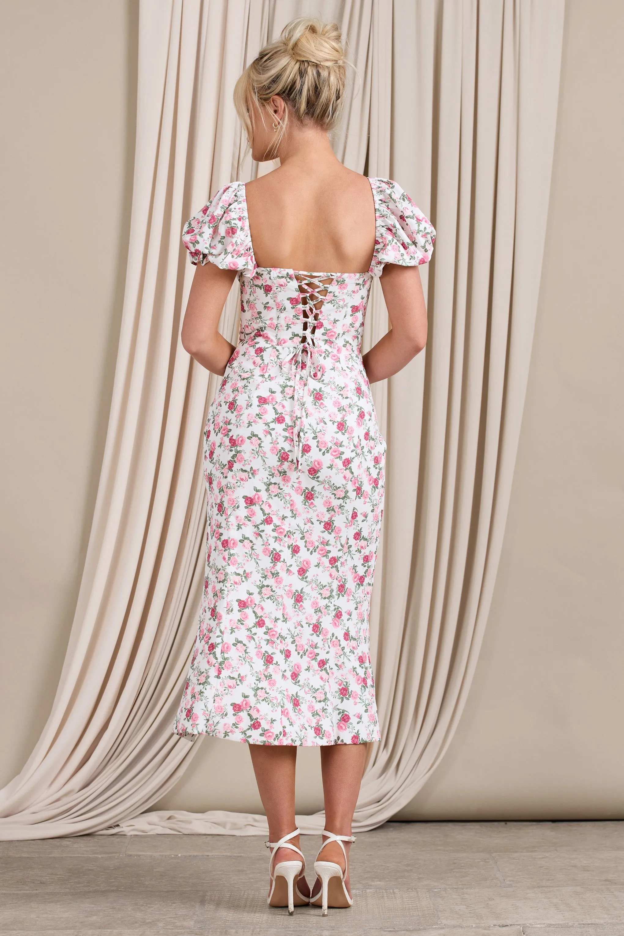 Two Scoops | Pink Floral Puff-Sleeved Corset Split Midi Dress