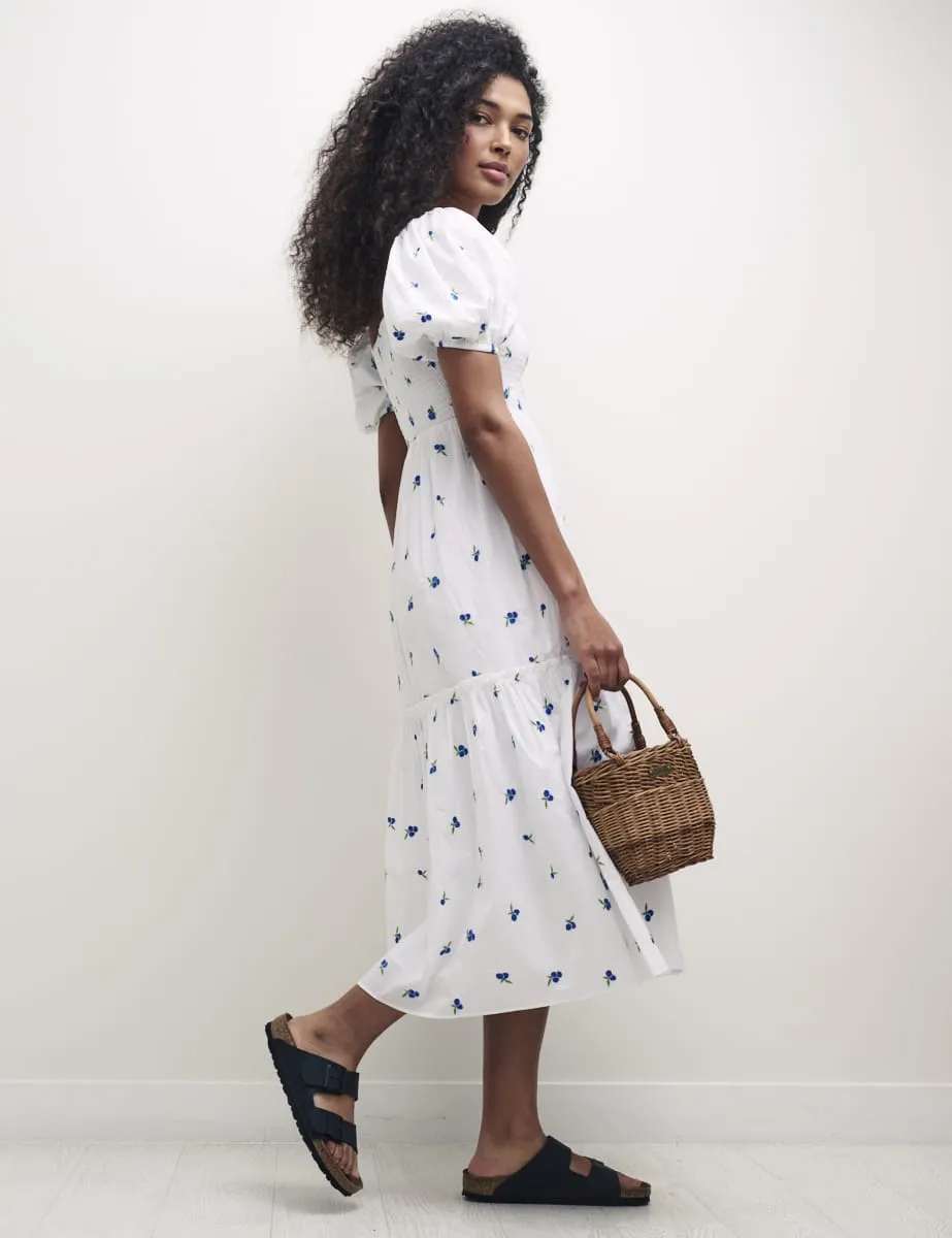 White Blueberry Embroidered Puff Sleeve Tallulah Midi Dress