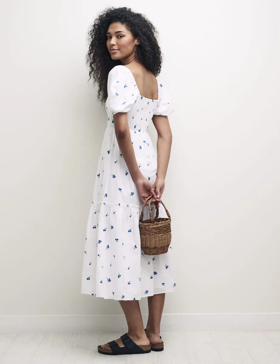 White Blueberry Embroidered Puff Sleeve Tallulah Midi Dress