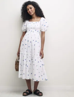 White Blueberry Embroidered Puff Sleeve Tallulah Midi Dress