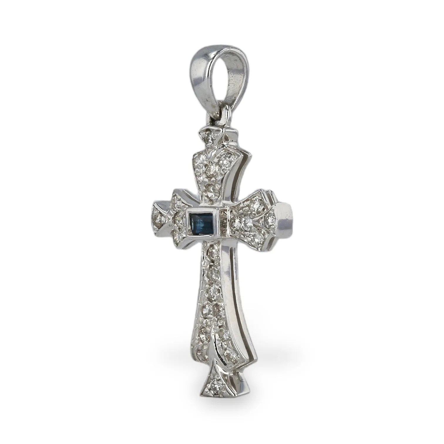 White Gold Cross 14k pendant with Diamonds and Sapphire