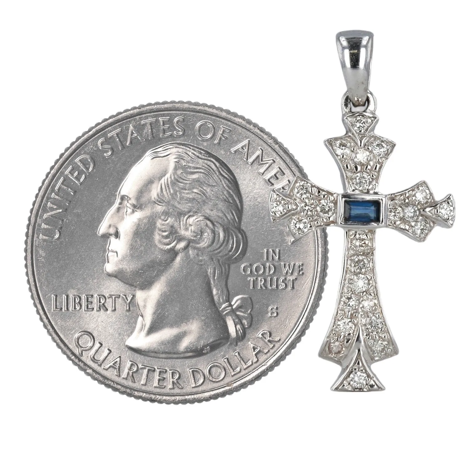 White Gold Cross 14k pendant with Diamonds and Sapphire