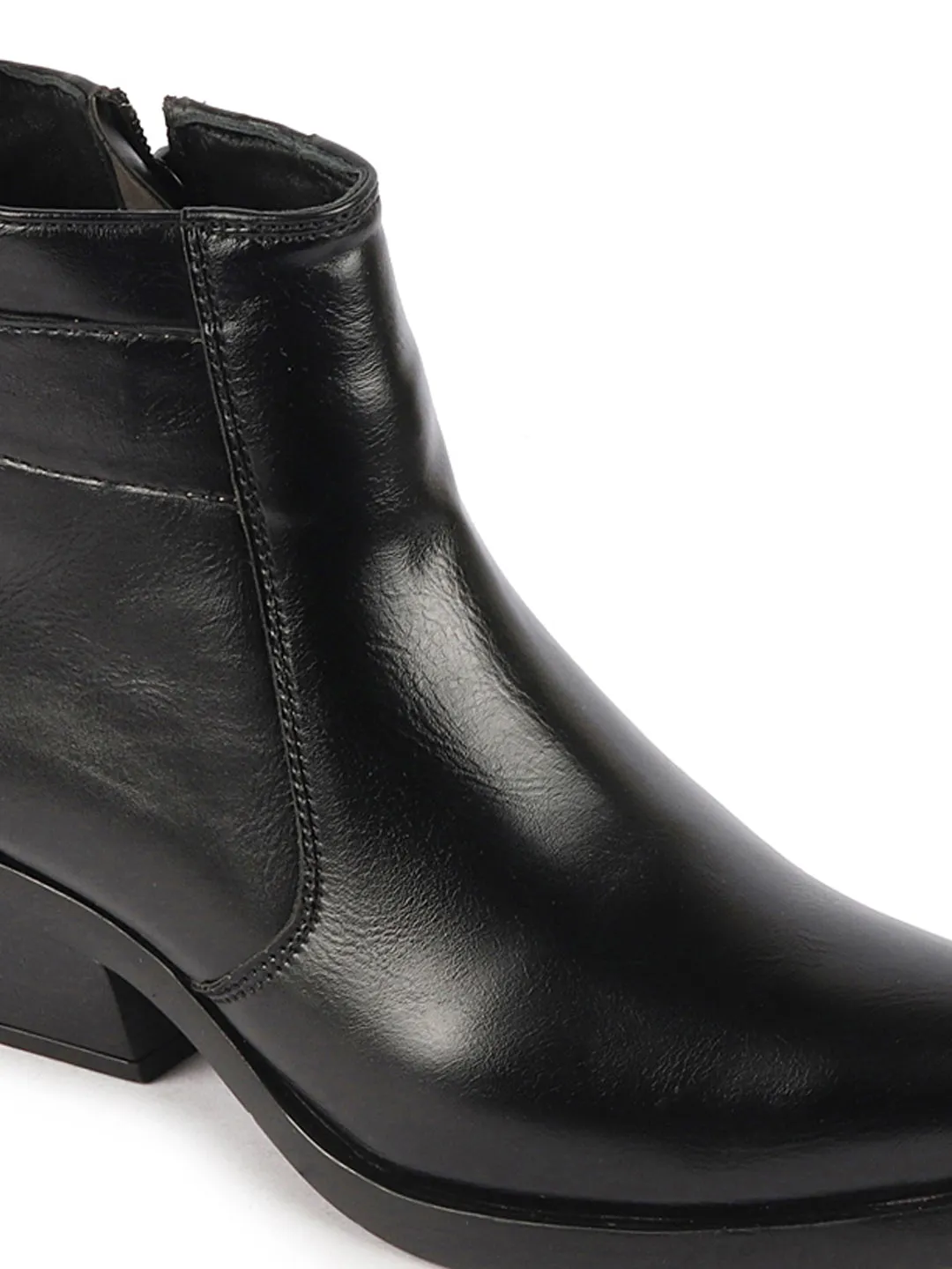 Women Black Mid Top Side Zipper Slip On Flared Heel Pointed Toe Chelsea Boots