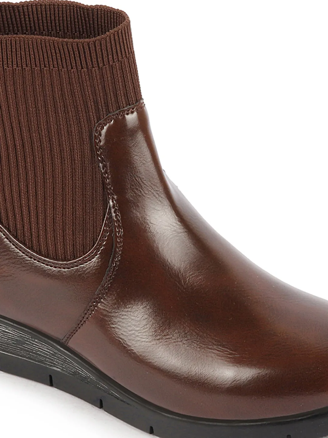 Women Brown Mid Top Socks Collar Slip On Broad Feet Wedge Heel Work Boots