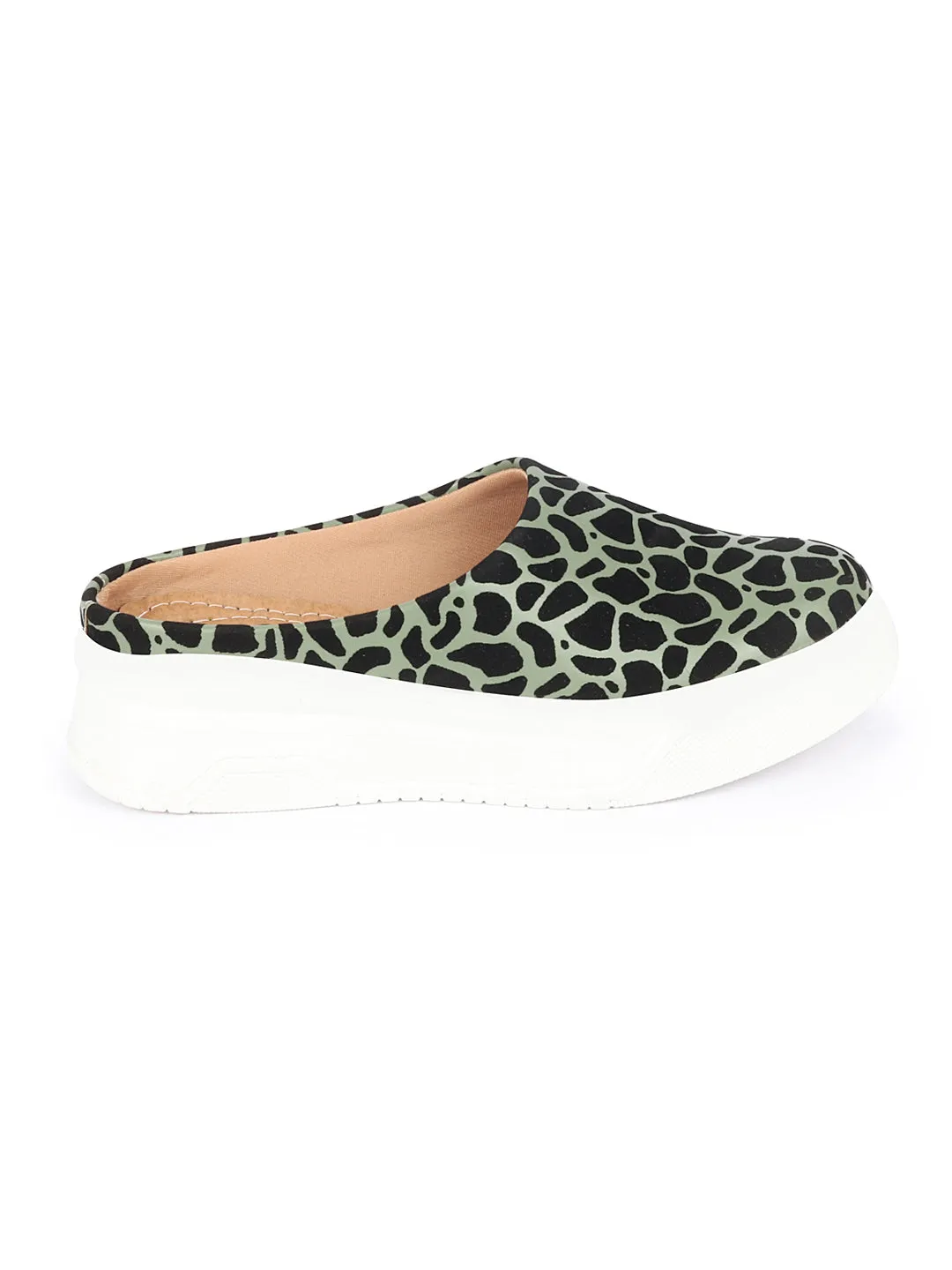 Women Olive Fashion Outdoor Leopard Print Height Enhancer Open Back Slip On Casual Shoes